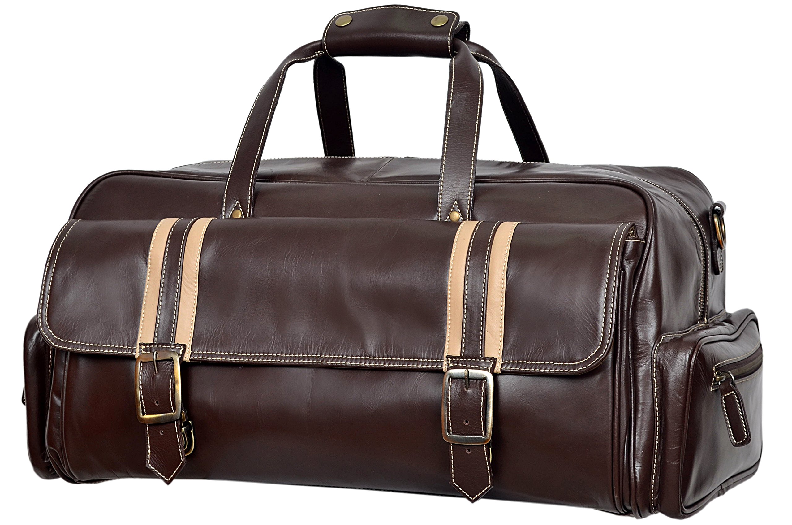 Holdall Weekend 9225 - Bolsa de viaje de piel auténtica, diseño de rayas, color marrón y beige, Brown, 23 x 11 x 12 inches
