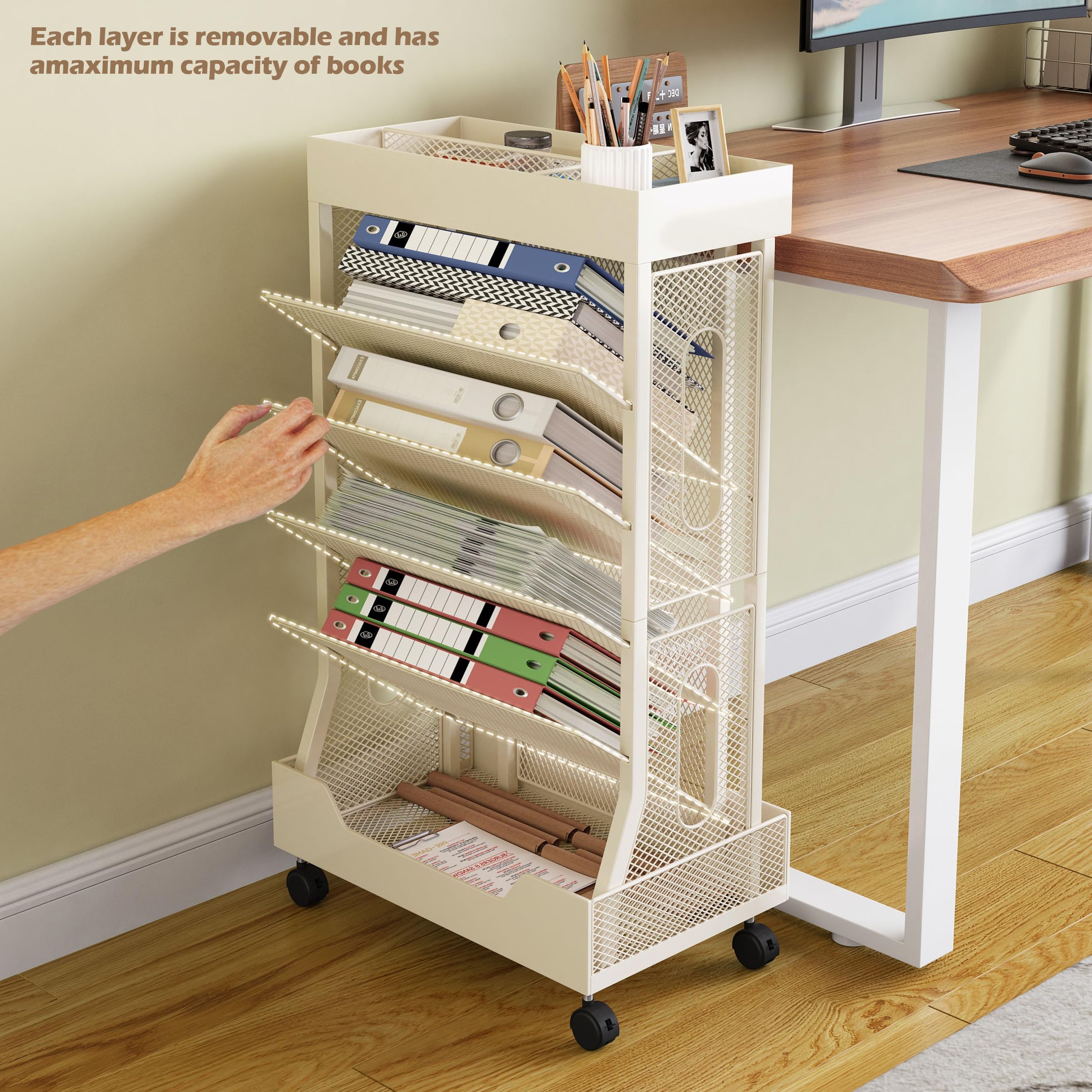 COVAODQ Étagère Mobile 3-4 Niveaux – Chariot Bibliothèque Acier Noir Sur Roulettes Pour Chambre/Bureau