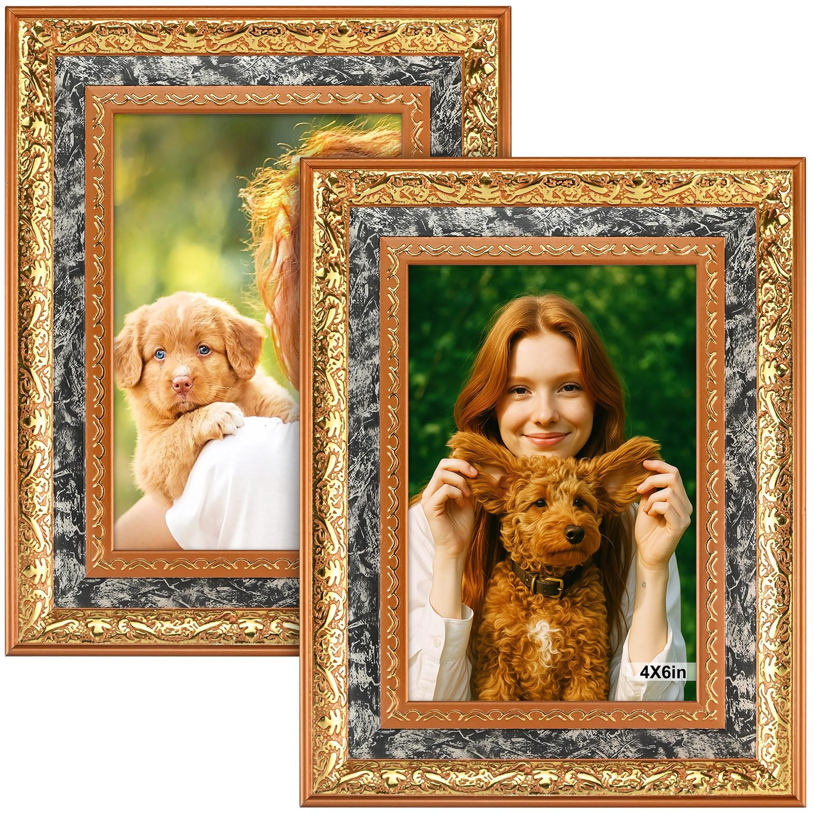 6x4 Picture Frames - 2PCS 4x6 Vintage Picture Frames Stand Free-standing Horizontally & Vertically Intricate Patterns Photo Frames for Home Office Living Room Décor (Gold)