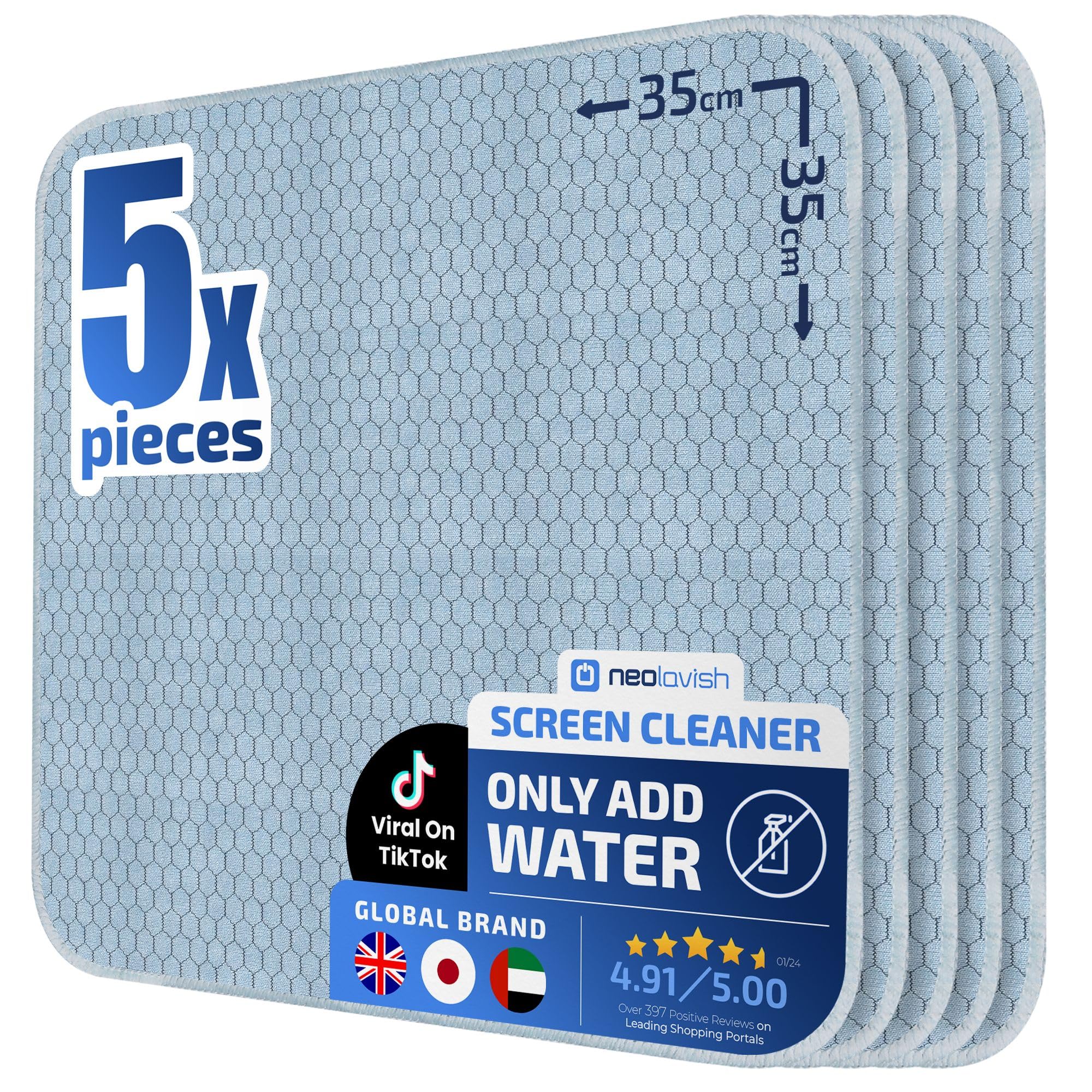 Neolavish® - TV Screen Cleaner Cloth – Just Add Water | Streak-Free Wipes for OLED & Monitor Screens | Large 35x35cm 5-Pack