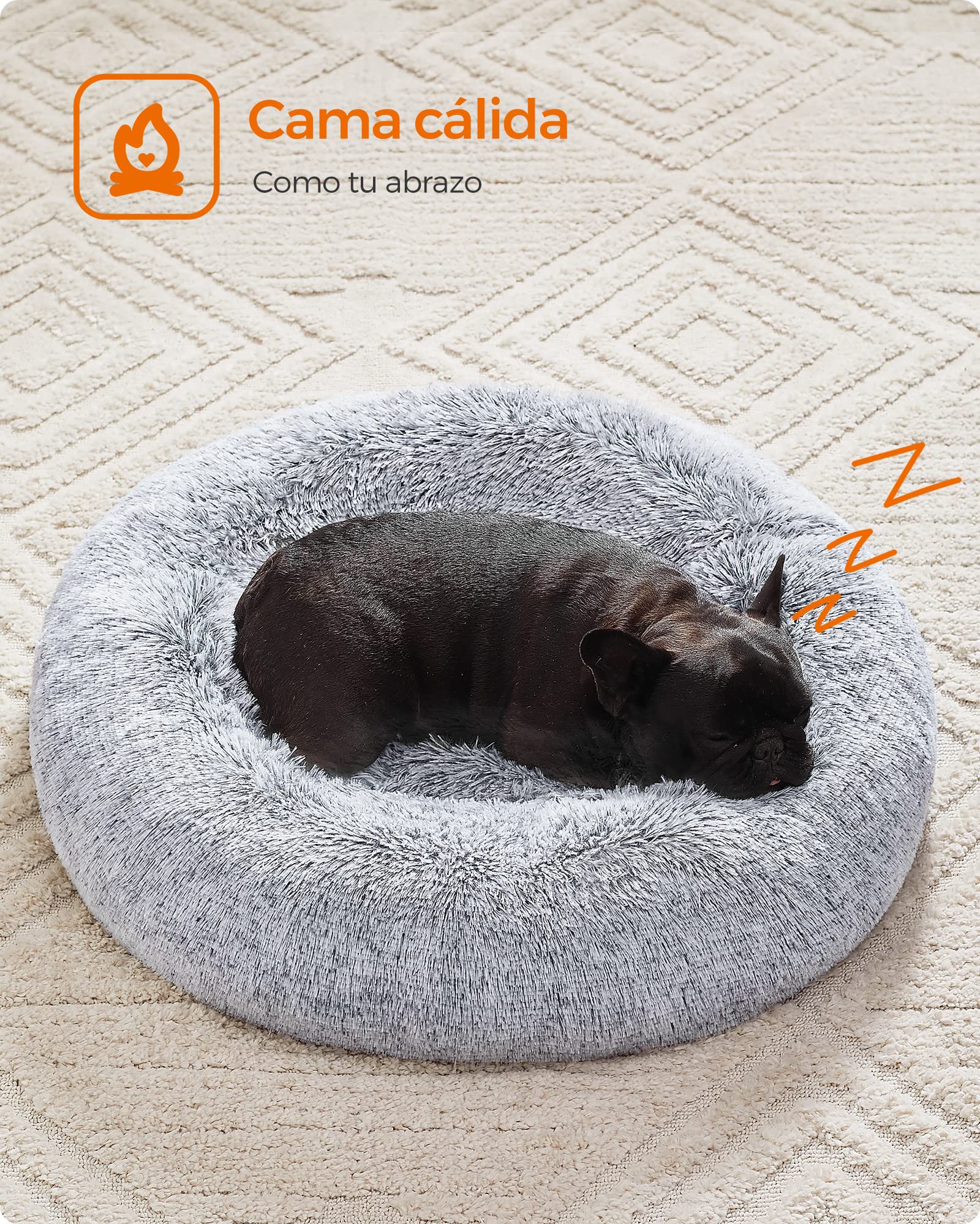 Feandrea Cama de Perros, Cama para Perros, Cojín Central Extraíble y Lavable, Alfombra de Felpa Suave y Mullida, 70 cm de Diámetro, Gris PGW039G01