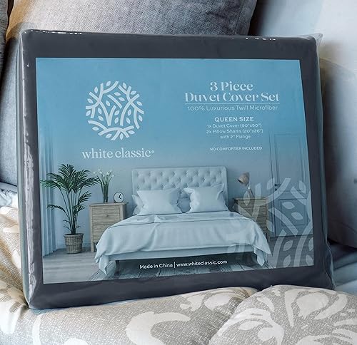 Miniatura 9 de White Classic Funda de edredón gris tamaño King, funda de edredón de microfibra con cremallera, juego de 1 funda de edredón de plumón con 2 fundas