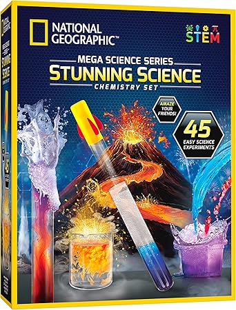 National Geographic Stunning Chemistry Set - Mega Science Kit with 45 Easy Experiments- Make a Volcano and Launch a Rocket, STEM Projects for Kids Ages 8-12, Science Toys (Amazon Exclusive)