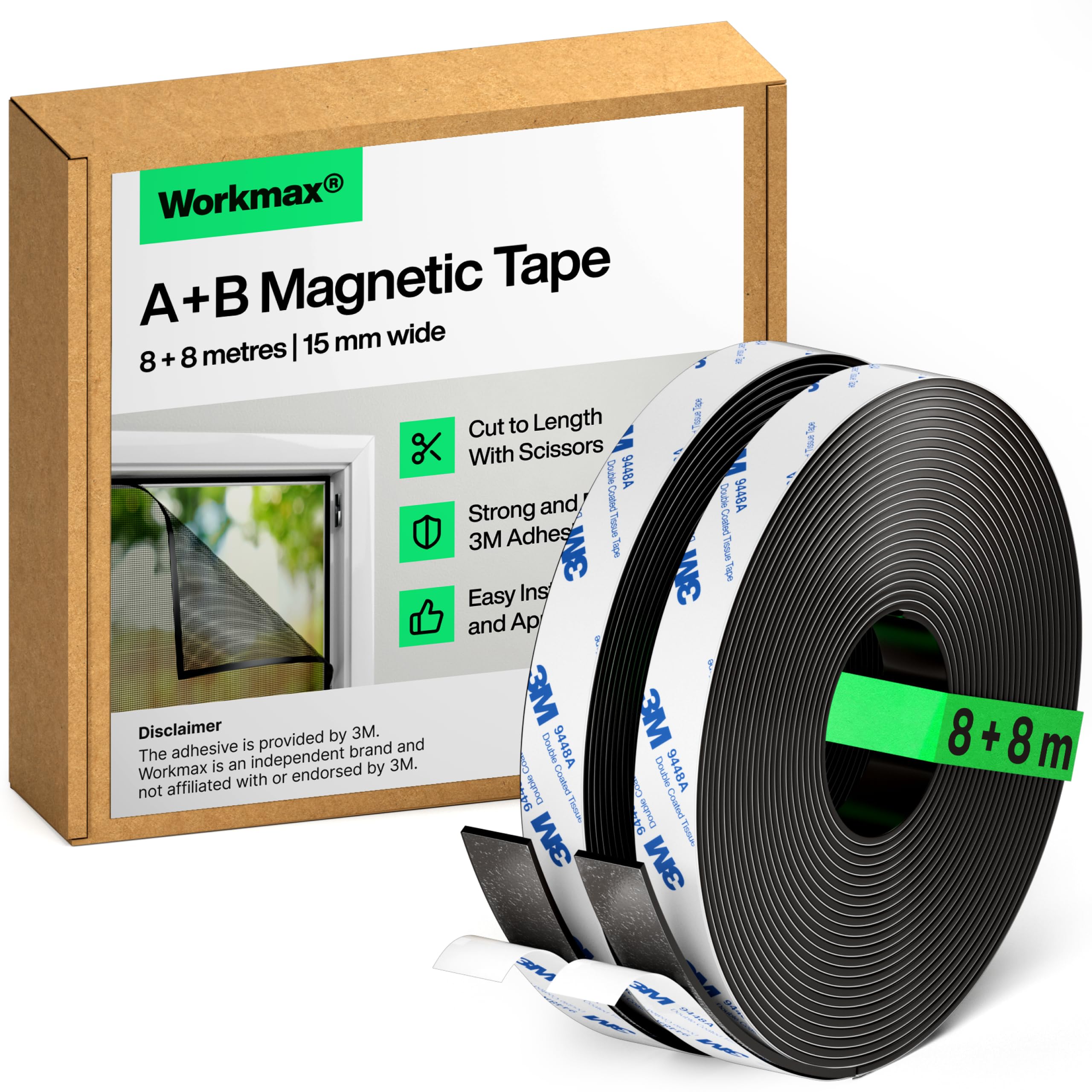 Workmax Workmax® A+B Magnetic Tape For Fly Screens And Mosquito Nets (8+8 M) | Cut To Fit Magnetic Strip | Magnetic Strips Self-Adhesive | Magnetic Tape Roll With Adhesive Backing
