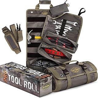 PRO Official Tool Roll Organizer – 4 Detachable Tool Pouches + Wrench Organizer, Heavy Duty Tool Bags for men + women Roll Up Tool Bag for Mechanic/Electrician Tools Storage