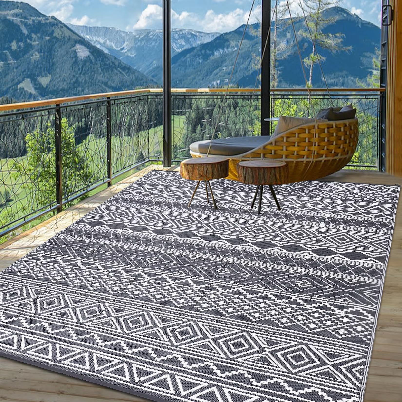 Dywaniki zewnętrzne, wodoodporne, odwracalne, na patio, dywaniki zewnętrzne, maty kempingowe Boho, do kampera, ganku, balkonu, podwórka, piknika (180 x 270 cm)