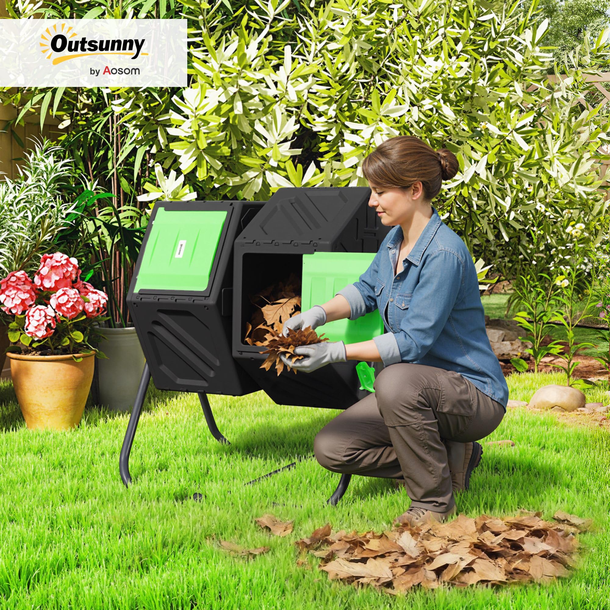 Outsunny Composteur de Jardin 130 L Rotatif 360° Double Chambre Acier PP Noir