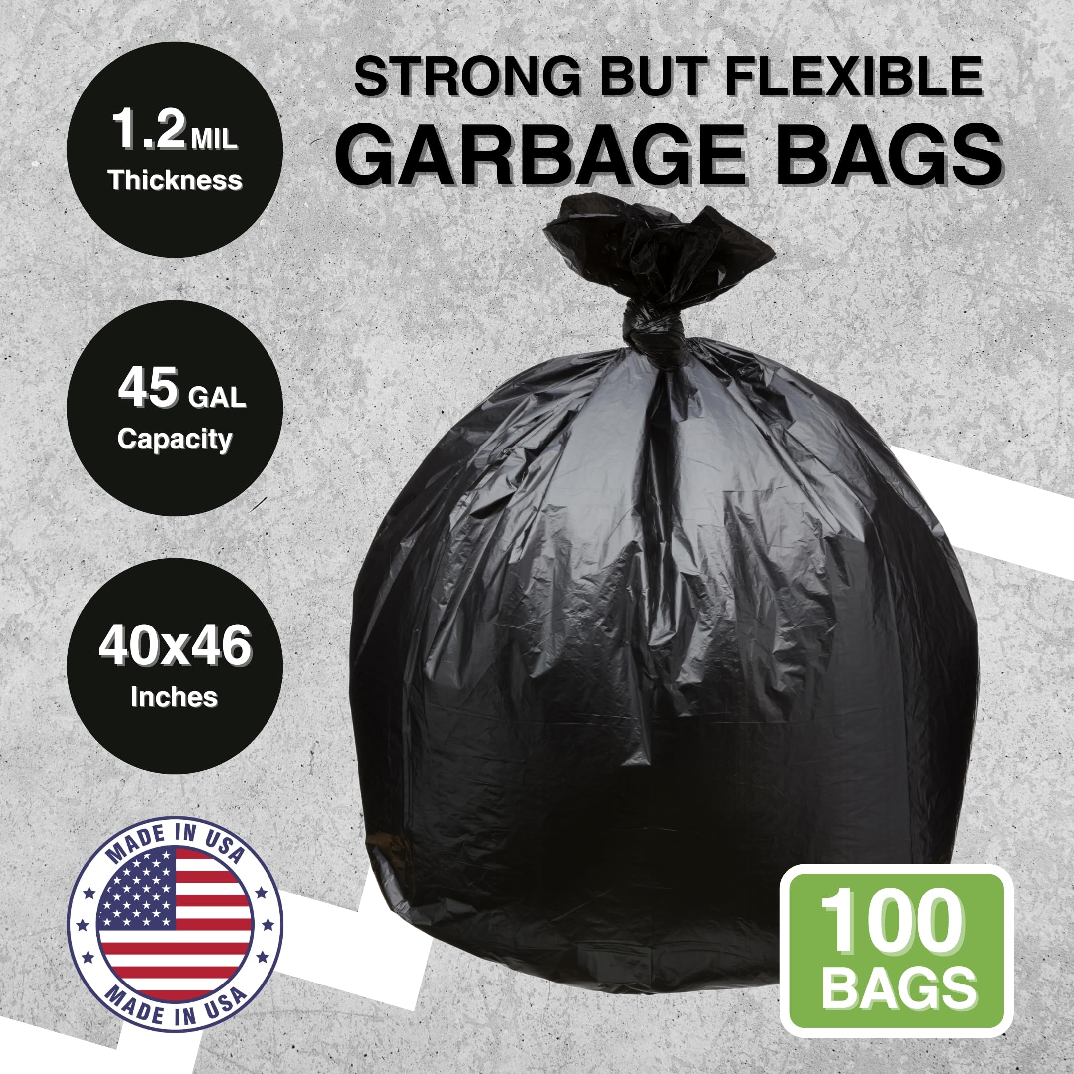 Top Knot Bags Bolsa de basura de 45 galones, 40 x 46 pulgadas, 1.2 mil, color negro, 100 unidades, 40 galones, 41 galones, 42 galones, 43 galones y 44 galones, fabricada en Estados Unidos