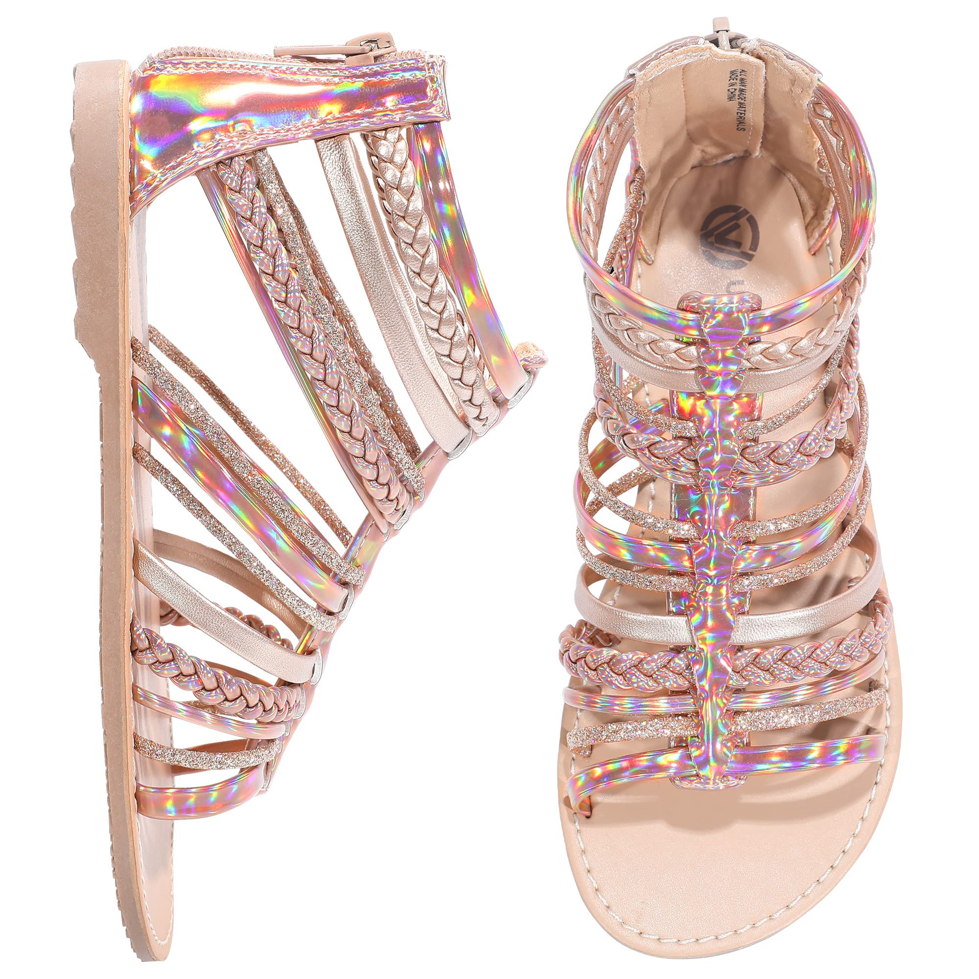 MIXINGirls Gladiator Sandals Shimmer Strapped Summer Flat Open Toe Ankle Sandals with Heel Zipper for Little/Big Kids