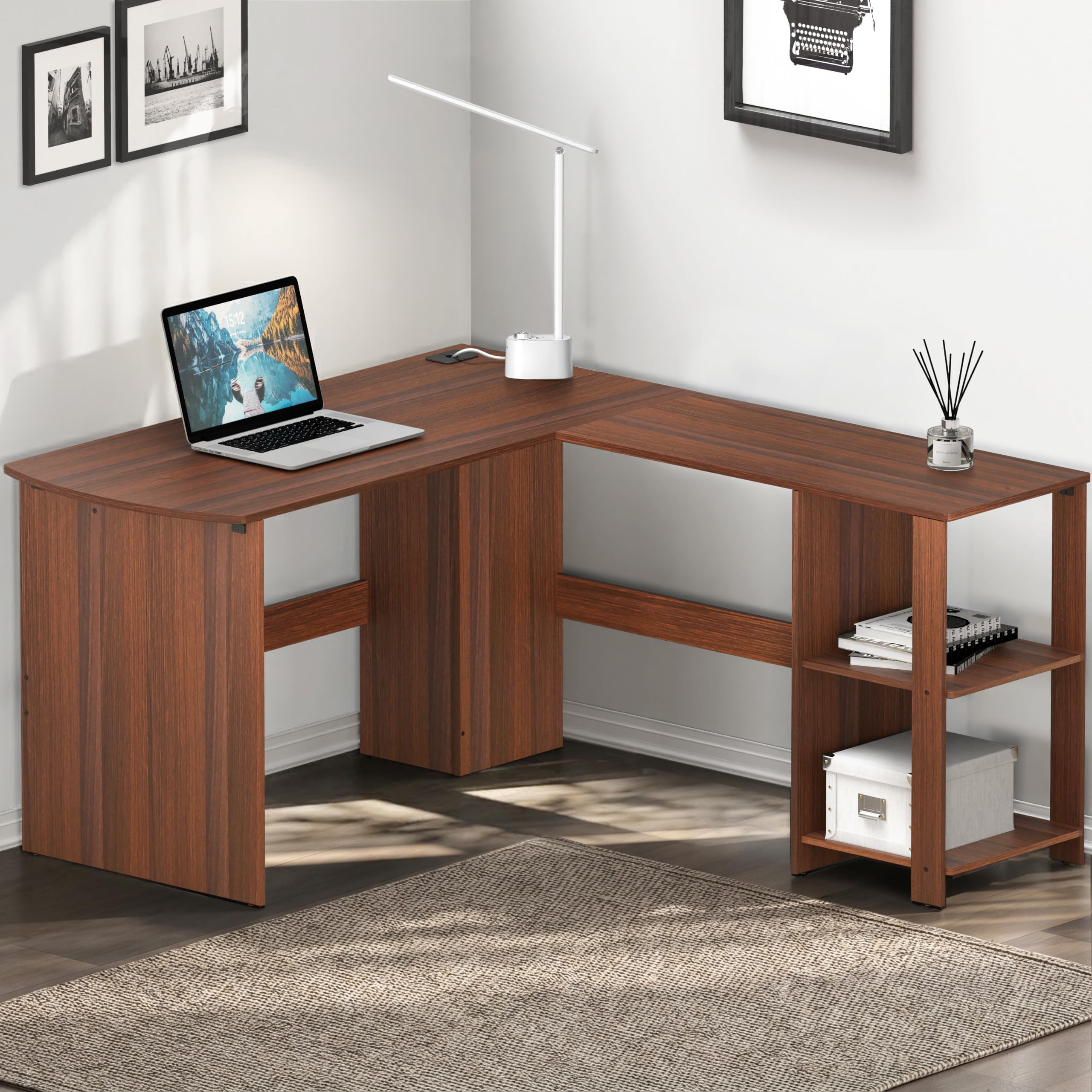 SHW 51 x 51 L-Shaped Home Office Wood Corner Desk with Storage, Walnut | Integrated Book Shelves