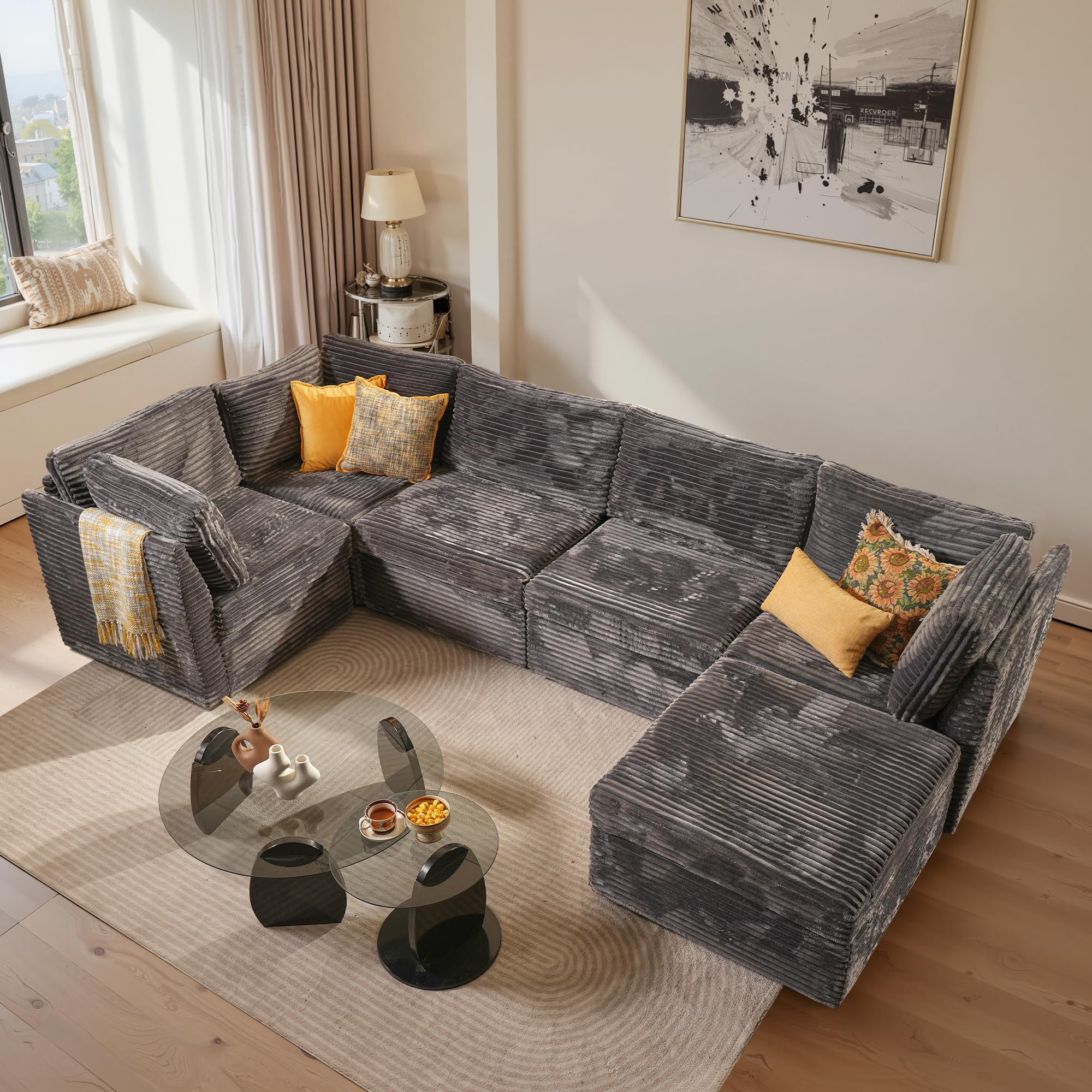 ovios Modular Sectional Sofa Couch with L-Shape Chaise Ottoman, Comfy Plush Corduroy Cloud Couches, Modern Luxury Deep Seat Sofas Set for Living Room, 6-Seater, Grey