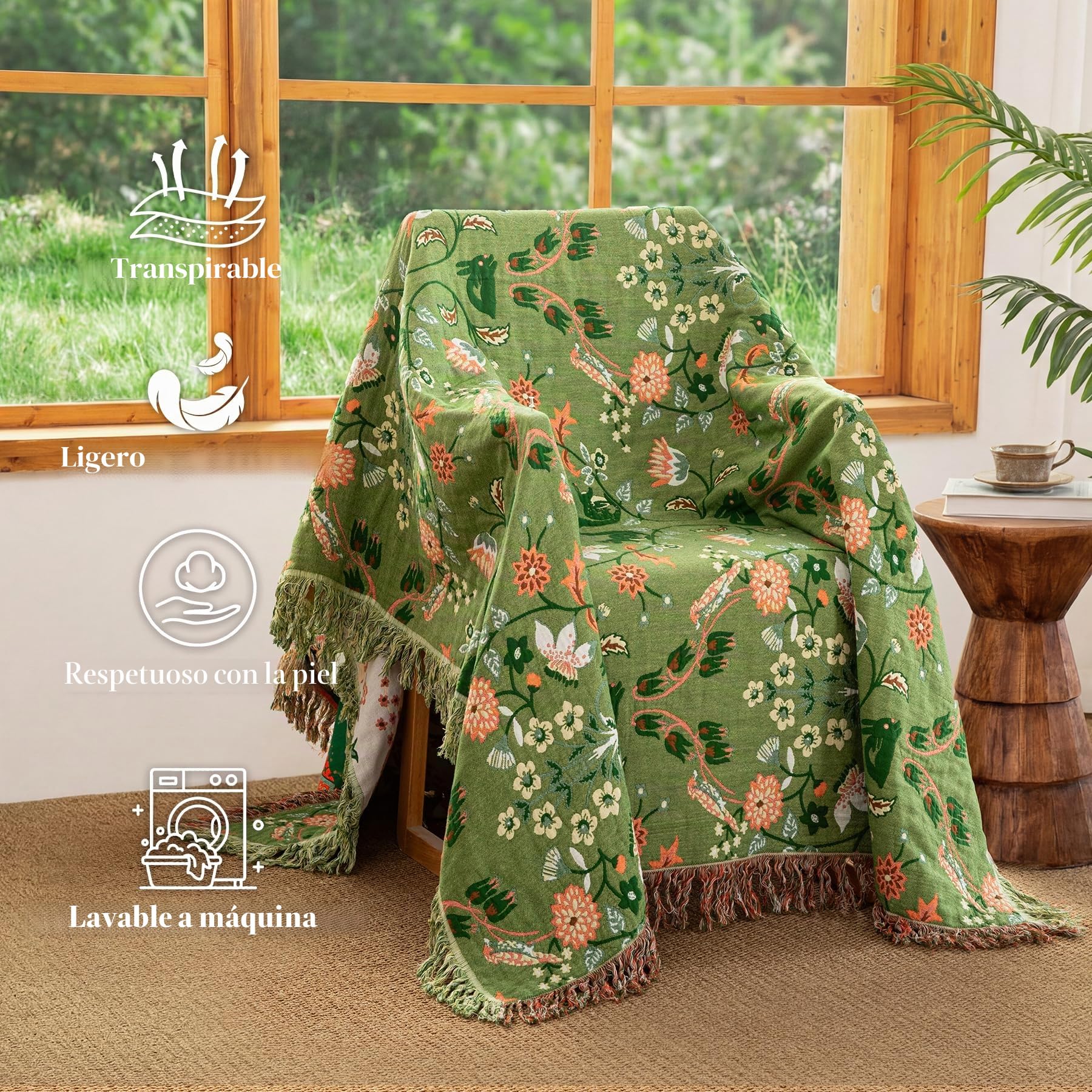 Colcha Boho con Flecos de, 100% algodón, Manta de Muselina Reversible de 150 x 200 cm, Manta Suave y acogedora para sofá y Colcha, Transpirable para salón y Dormitorio, Apta para Todo el año