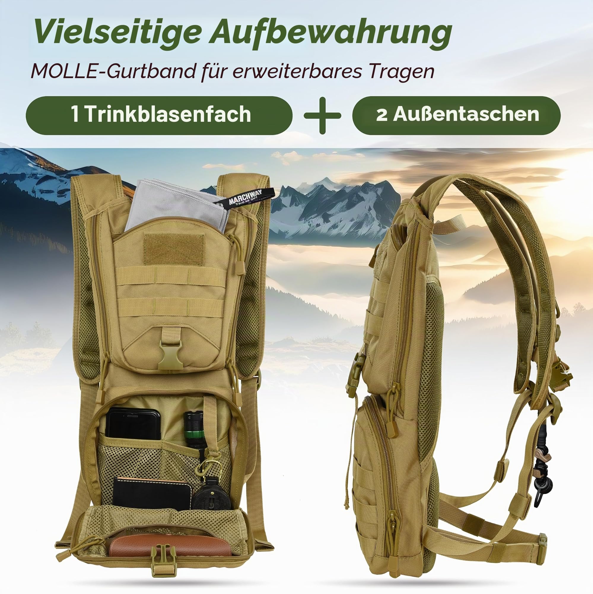 MARCHWAY Taktischer Molle-Trinkrucksack mit 3L TPU-Wasserblase, Militär-Tagesrucksack für Radfahren, Wandern, Laufen, Klettern, Jagd, Radfahren (Tan)