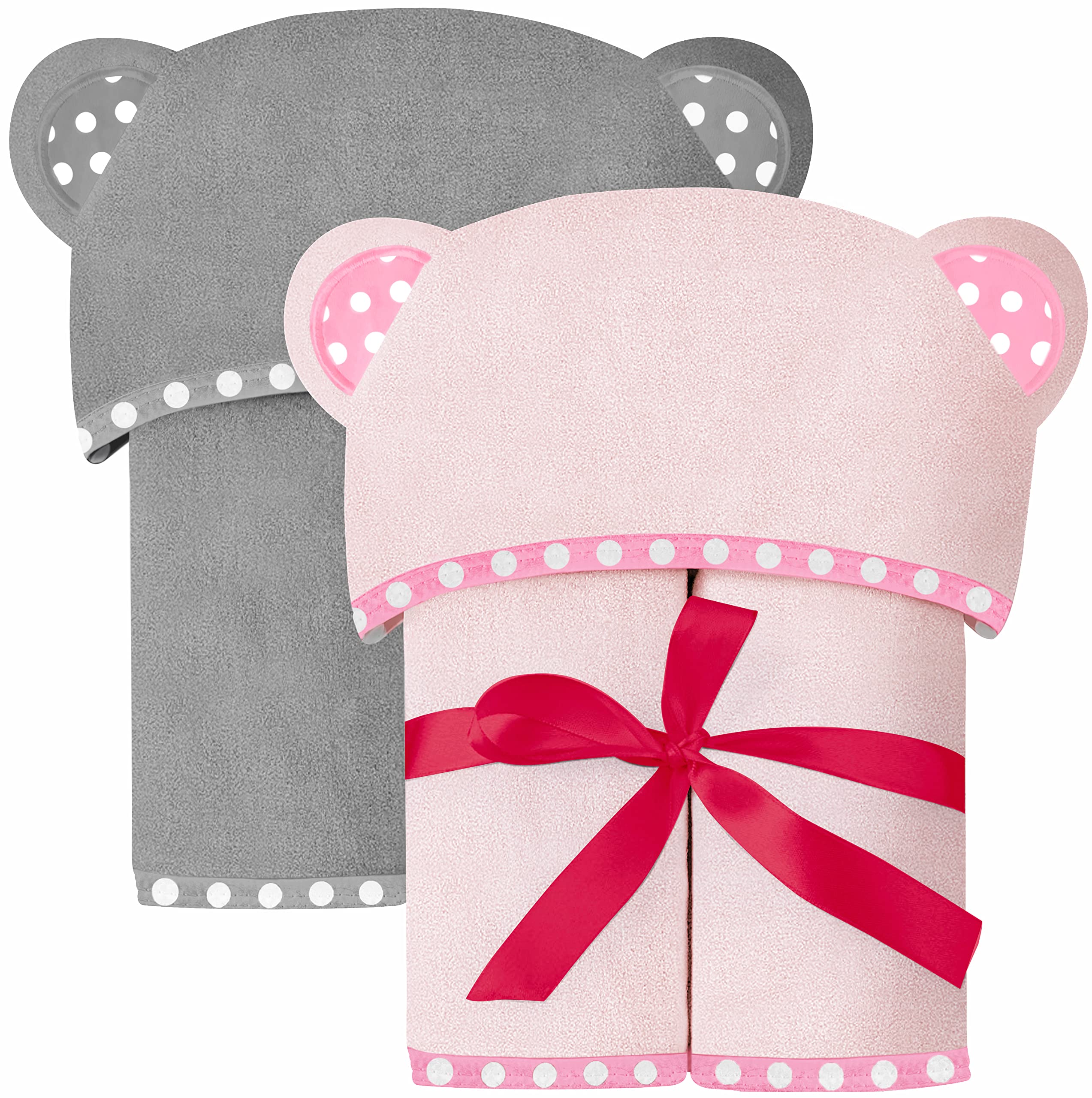 ELSVIN Set of 2 Hooded Baby Towels – Pink and Grey – Luxurious, Large and Super Absorbent – 30 x 30 Inch – Soft and Suitable for Infants, Toddlers and