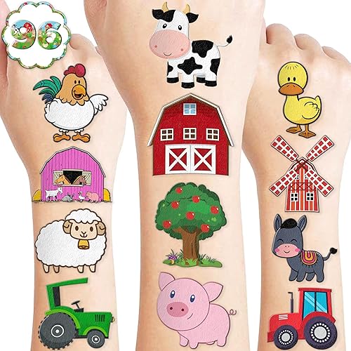 96 piezas de tatuajes temporales precortados de animales de granja para niños, decoración de fiesta de cumpleaños, suministros de decoración,