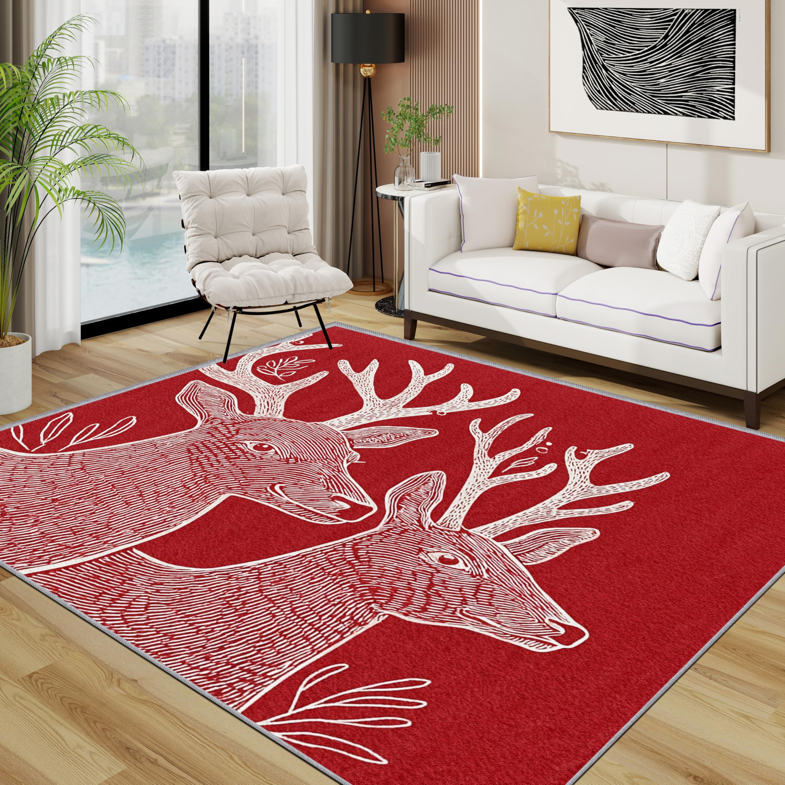 TerroVee Reindeer Rugs Living Room Large 160x230 - Red and White Christmas Elk Bedroom Rug, Xmas Animal Washable Non Slip Low Pile Carpet, Christmas Home Decor