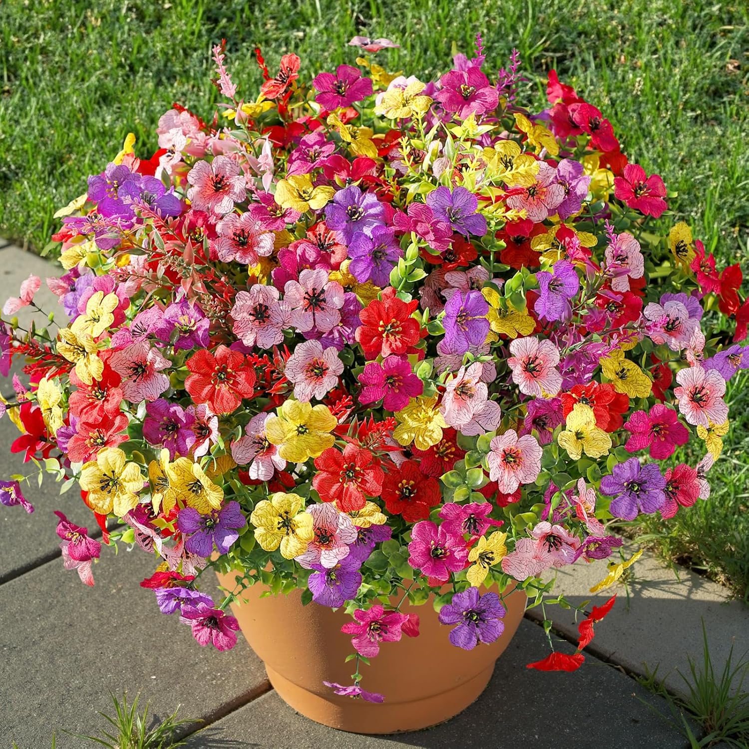 SHareconn 24 Bundles Artificial Flowers for Outdoors Decoration, Faux Plants Fake Silk Colorful Daisy Eucalyptus Lavender, UV Resistant for Outside Home Porch Patio Indoor Spring Decor, Mix 5 Colors