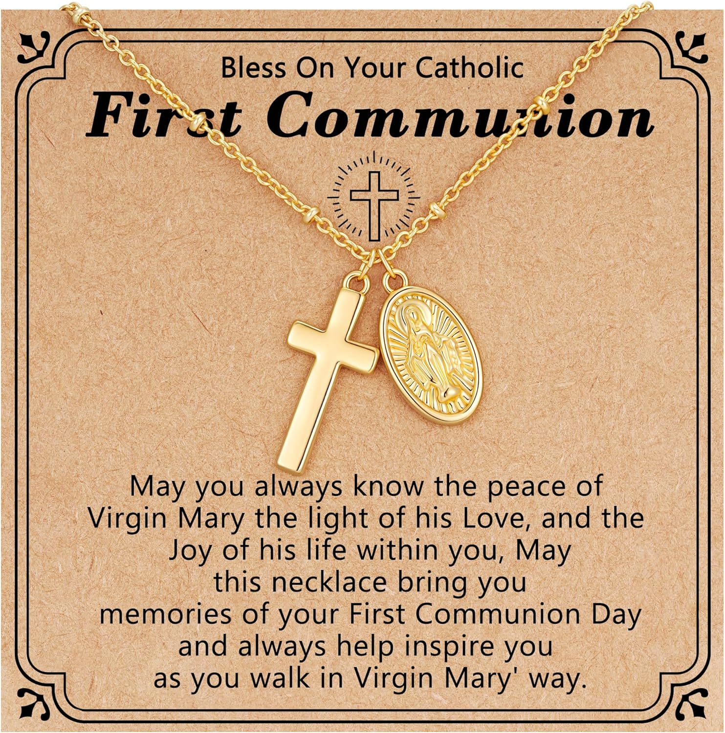 Catholic Virgin Mary Cross Necklace for Girls Women, First Communion Confirmation Baptism Gifts Religious Jewelry 16+3 Inches