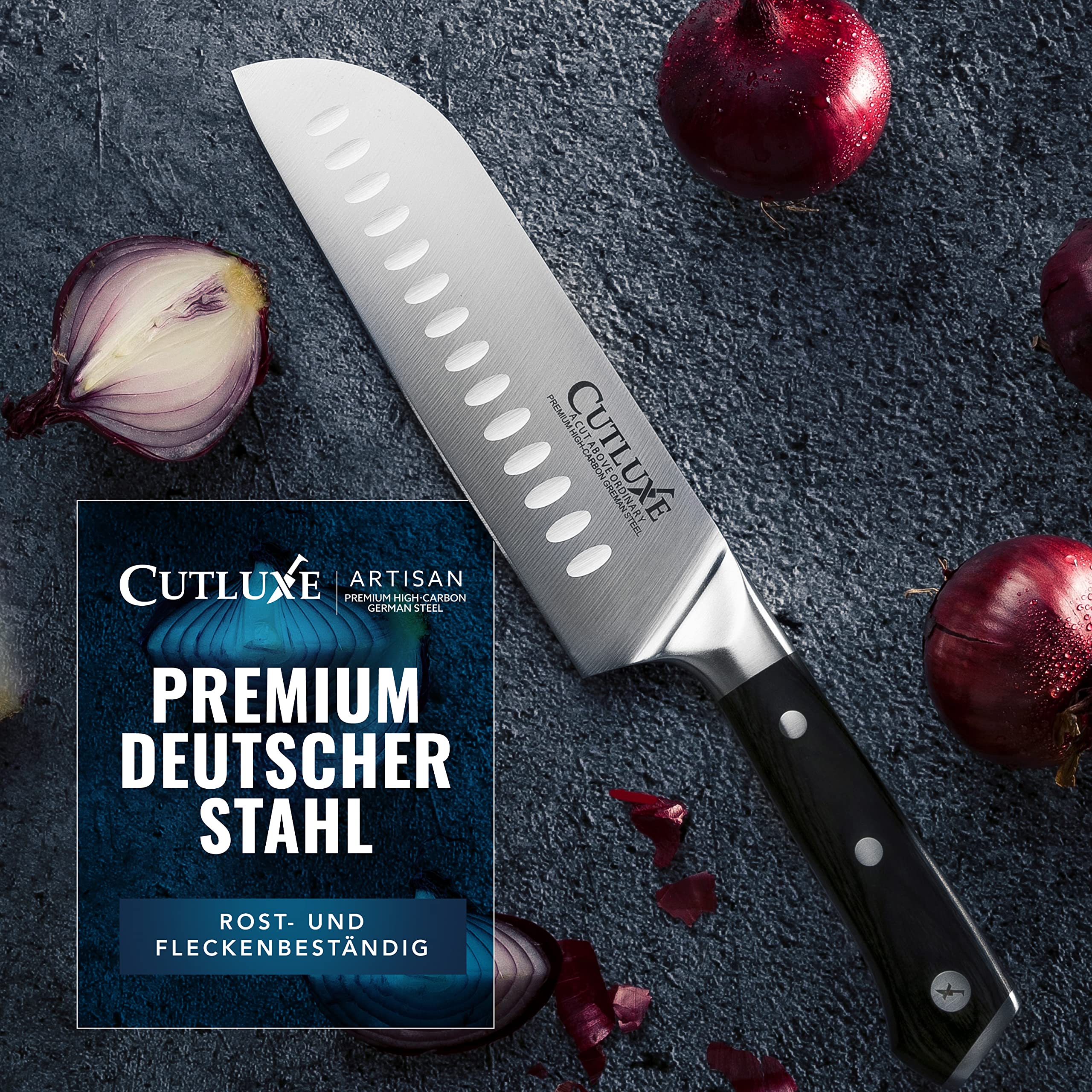 Cutluxe Santoku Messer 18cm – Fischmesser, Fleischmesser, Sushimesser, Küchenmesser mit Scheide – Ergonomisches Design & Extrem Scharf
