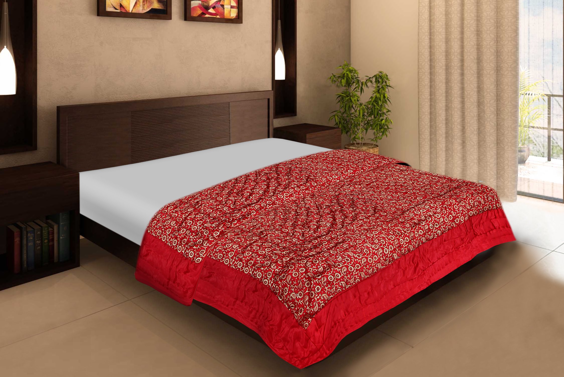 Rajasthan Craft's Red Silk Printed Double Bed Quilt/Comforter/AC Quilt/AC Comforter/Razai