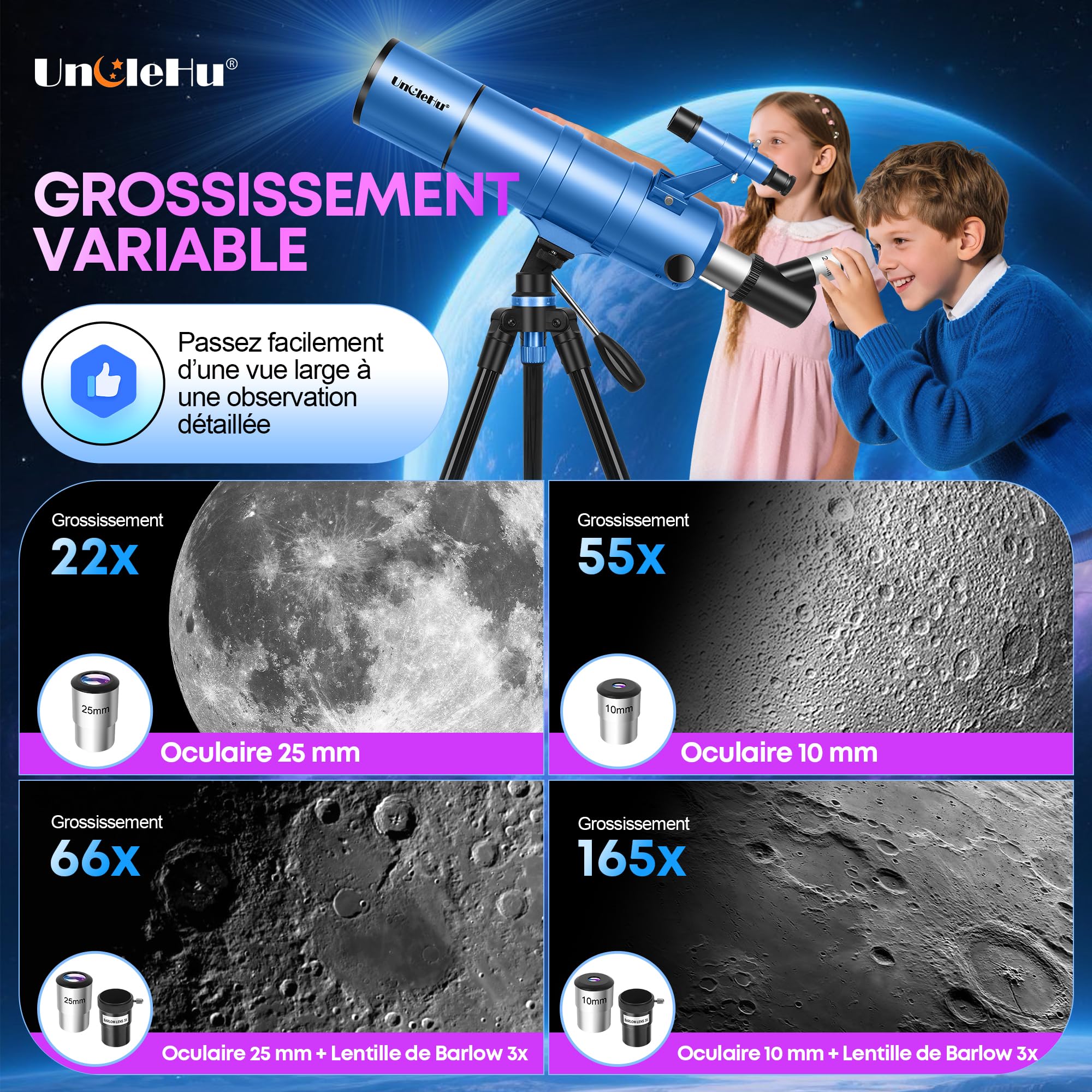 UncleHu Télescope 90/550mm pour Adultes et Enfants avec Tabouret Pliant | Optique FMC, 22–165×, Télescope Réfracteur Astronomique avec Trépied&Adaptateur Smartphone&Sac, Observation Terrestre&Lunaire