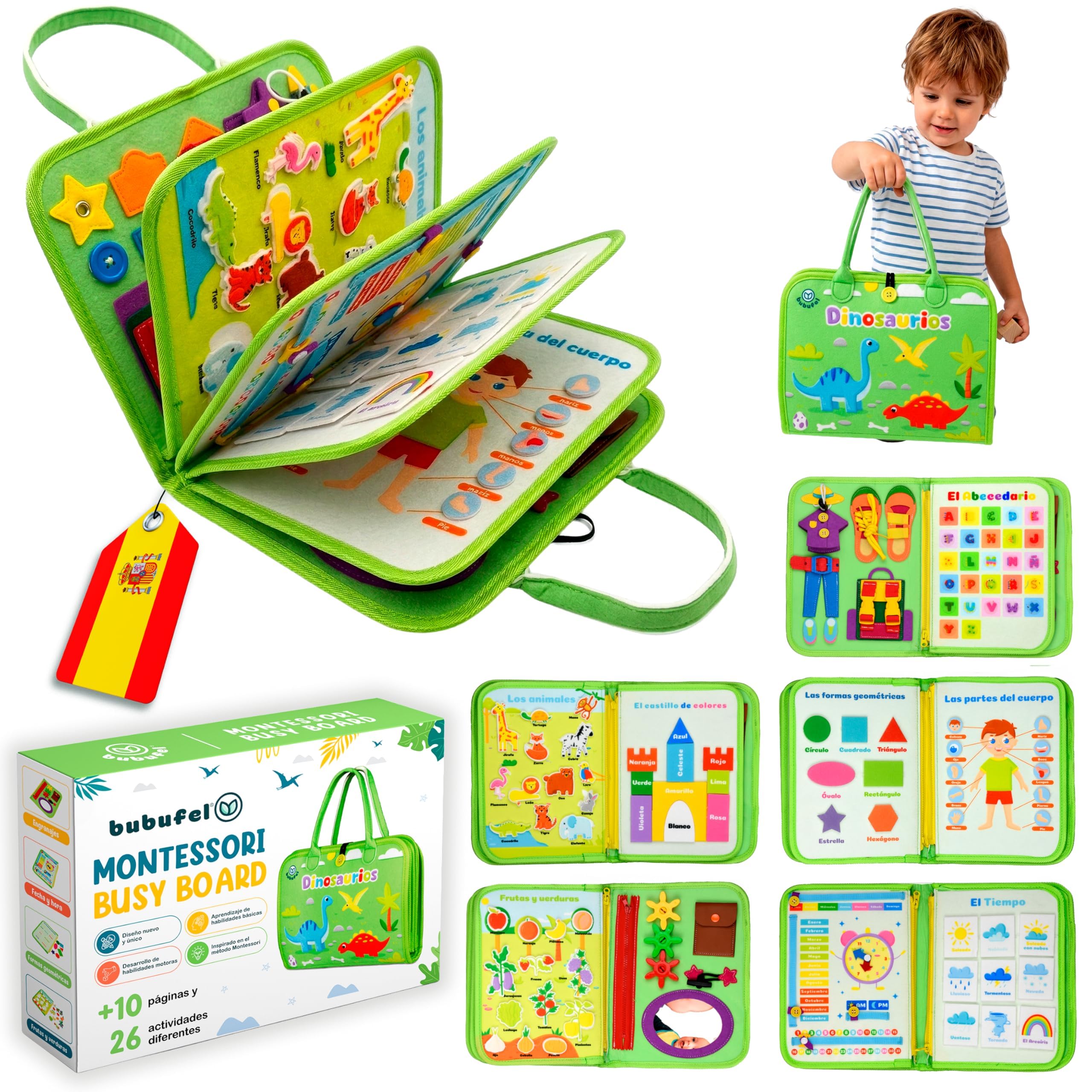 Busy Board Montessori Español | Libro Sensorial Montessori 10 Capas +26 Actividades | Juguetes Educativos 2 3 4 Años | Motricidad Fina | Maletín Busy Book Fieltro | Regalo Niño Niña