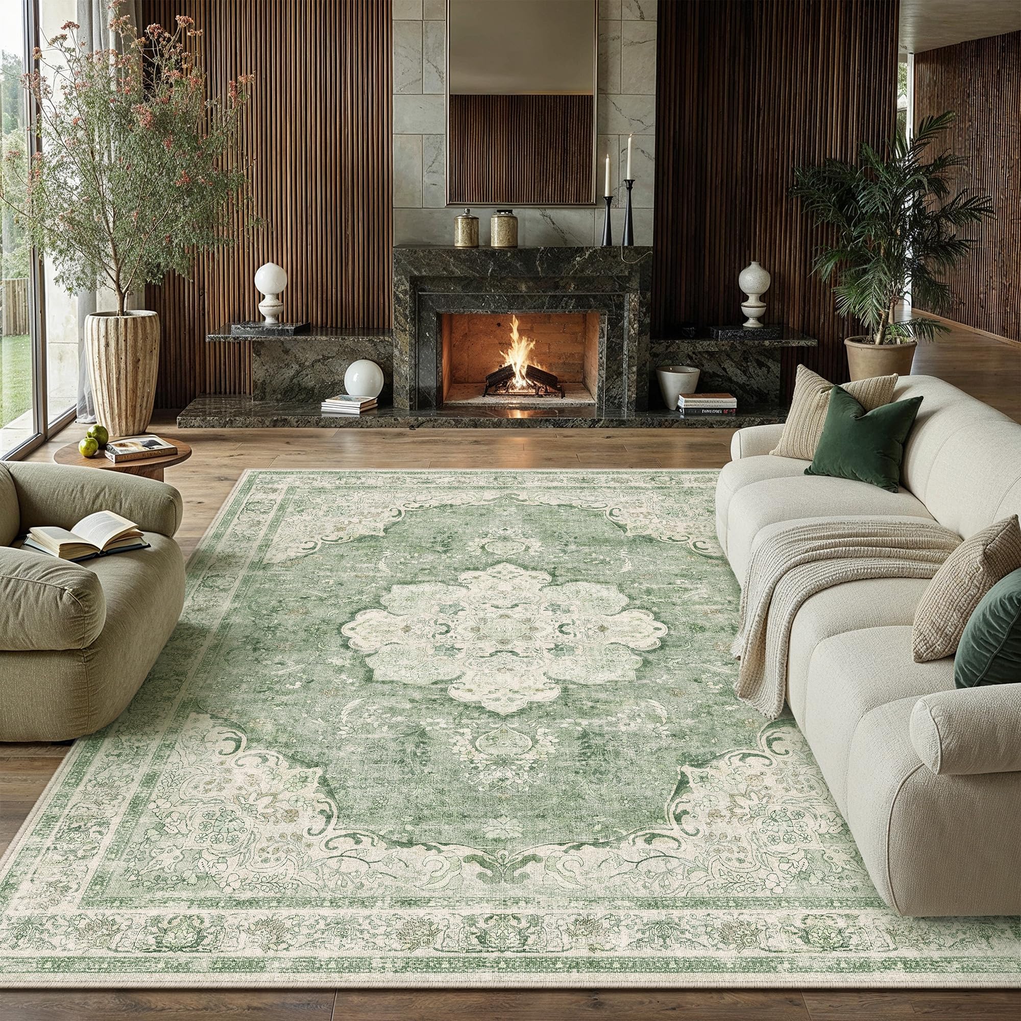 PureCozy Vintage Rugs Living Room Large Washable 240x300cm Carpet Green Non Slip Area Rug for Kids Bedroom Bedside Nursery Playroom Lounge Office Indoor Low Pile Carpets