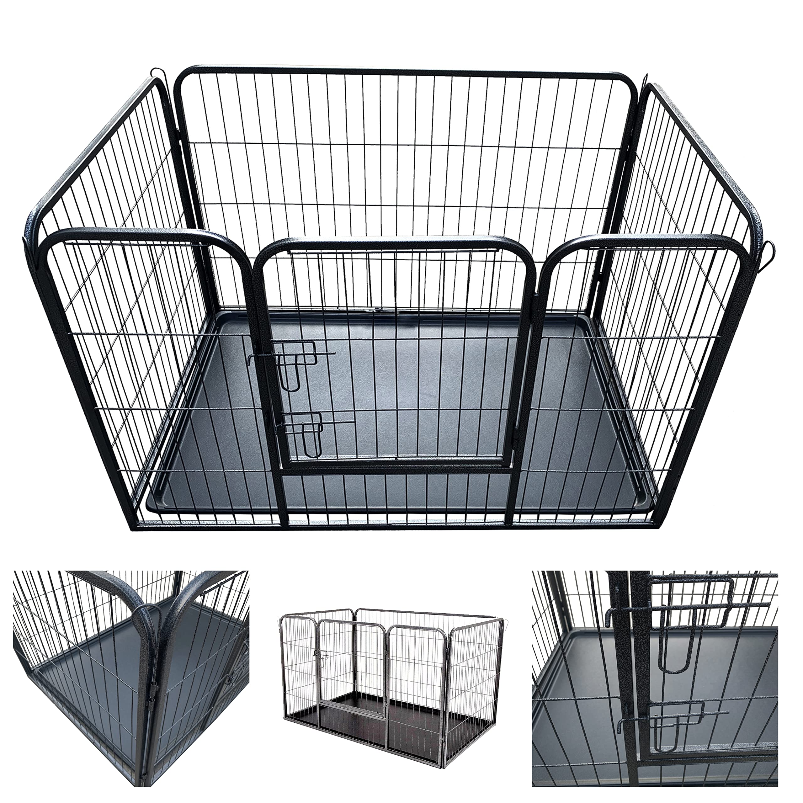 Medium Dog Crate, Foldable Cage With Removable Plastic Tray - 1 Door 2 Lock Heavy Duty Metal Kennel for Dogs, Cats, Rabbits, 107x71x73cm, Black