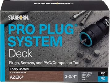 Pro Plug System Plugs and Epoxy Screws for Azek Weathered Teak, 165 Plugs for 100 lin ft Covers 40 sq ft, 150 Epoxy Screws and Pro Plug PVC Tool