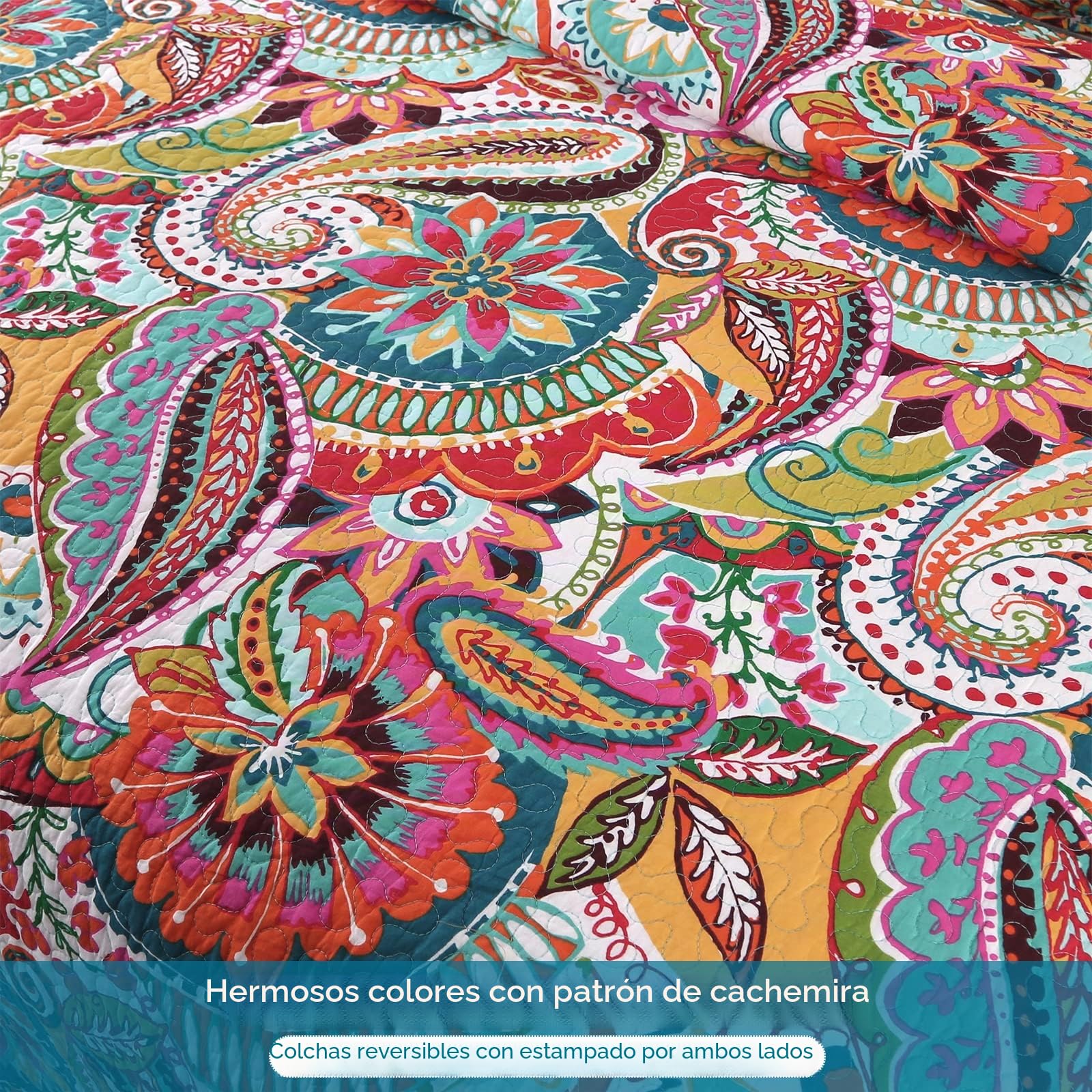 Qucover Colcha Cama 150, Cubrecama 100% Algodón Multicolor Patrón Floral Shabby Chic, Colchas Preciosas Reversibles Otoño e Invierno 230x250 cm con 2 Fundas de Almohada 50x70 cm, Paisley Rojo