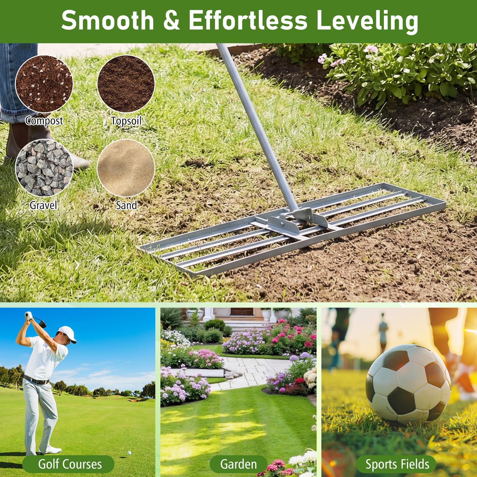 Rastrello livellatore per prato, livellatore per prato in metallo resistente con manico regolabile, strumento per livellare il terreno senza fatica per giardino, prato, campo da golf (verde, 91 x 2