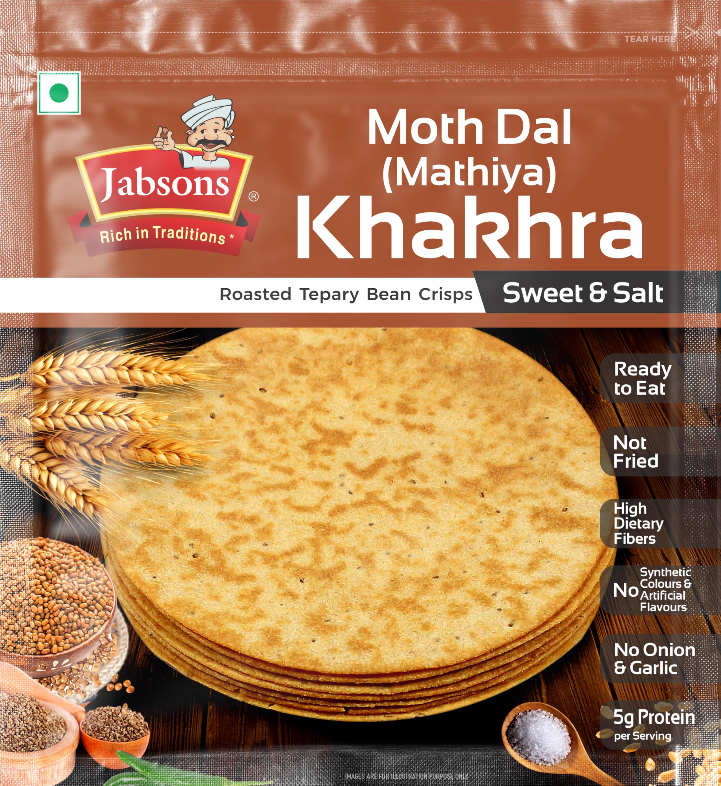 Jabsons Moth Dal Sweet & Salt Roasted Khakhra 180g | Crispy & Crunchy Snack | Protein-Rich, High-Fiber Gujarati Snack | Zero Transfat & Cholesterol
