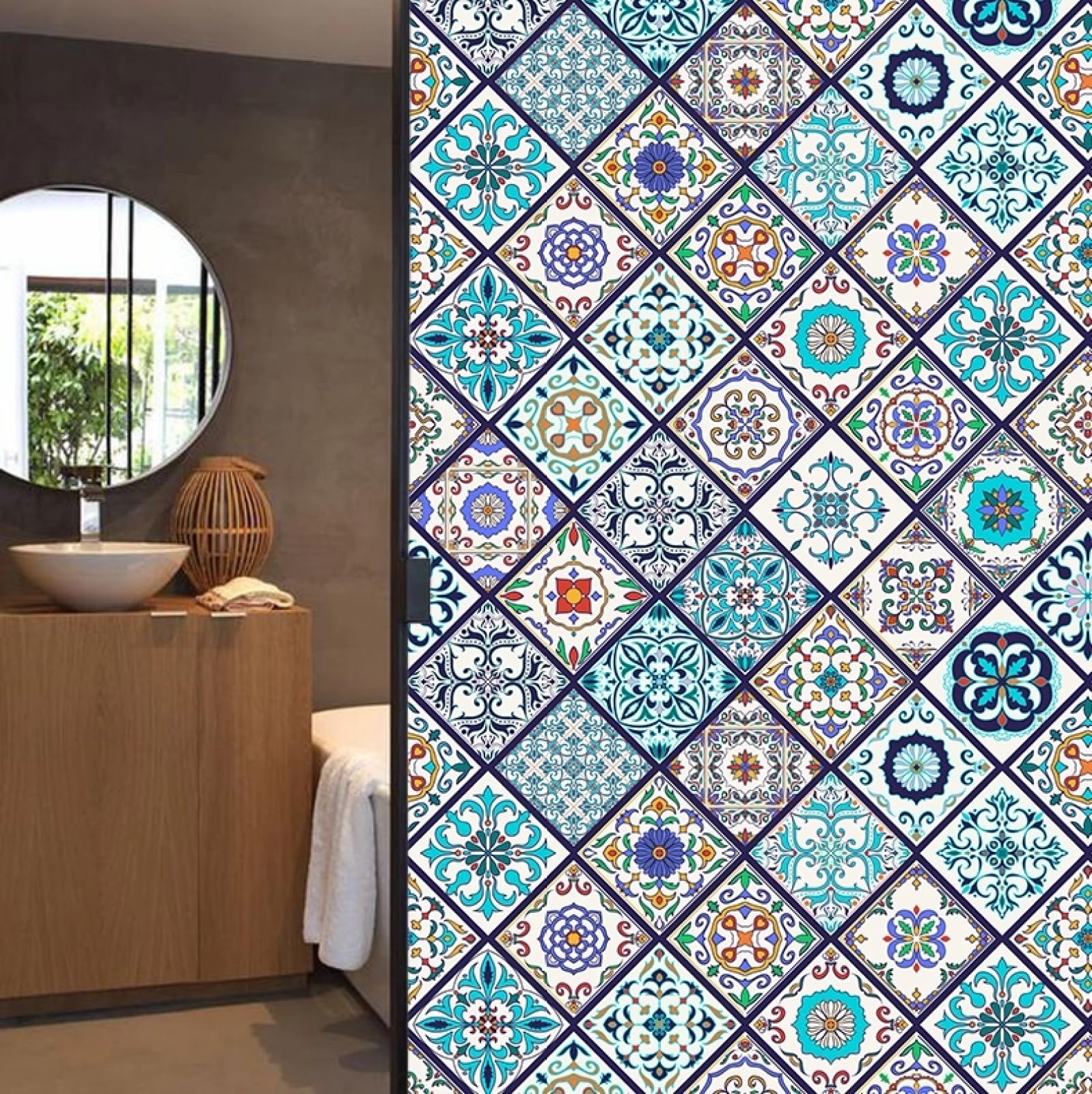 Pellicola Vetri Finestre 90X200CM Blu Bohemian Pellicola Adesiva Per Vetri Oscurante,Autoadesiva,Pellicole Per Vetri Anti Uv,Privacy Finestre Per Casa/Ufficio