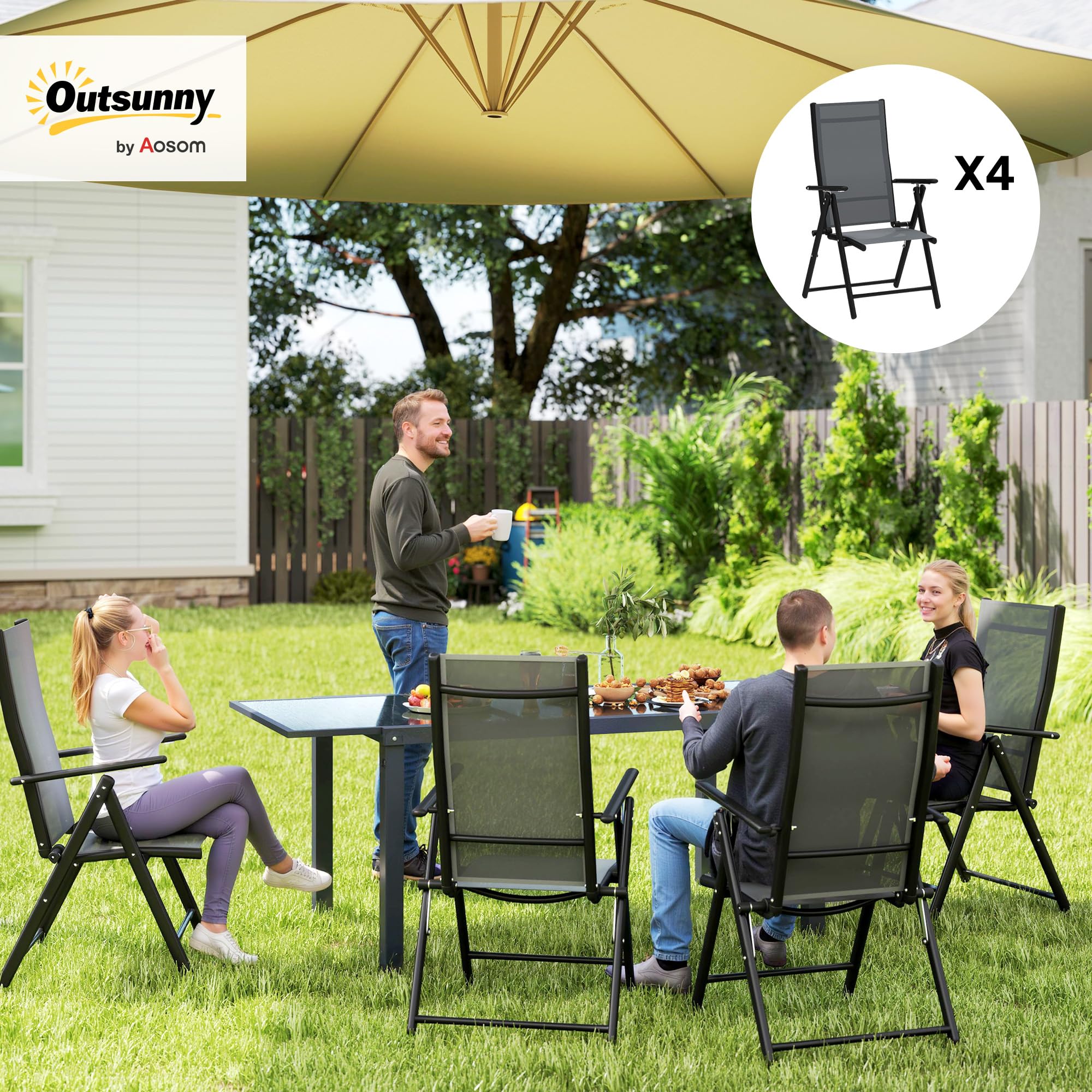 Outsunny Set 4 Sedie Da Giardino Impilabili In Metallo E Rete - Grigio, Con Braccioli - Foto 5