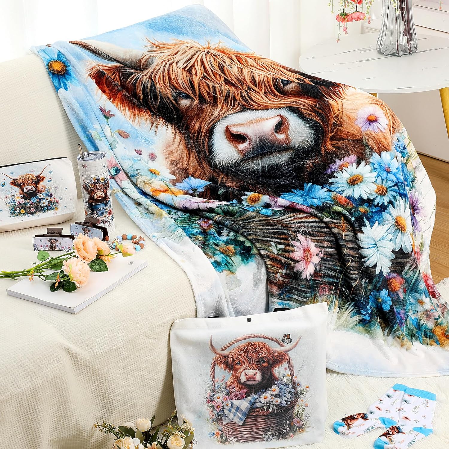 8 Pcs Highland Cow Gifts for Women Highland Cow Stuff with 20oz Tumbler Blanket Canvas Tote Bag Makeup Bag Socks Keychain Hair Claw Gift for Coworker Friend Lover (Classic Pattern) - Image 4