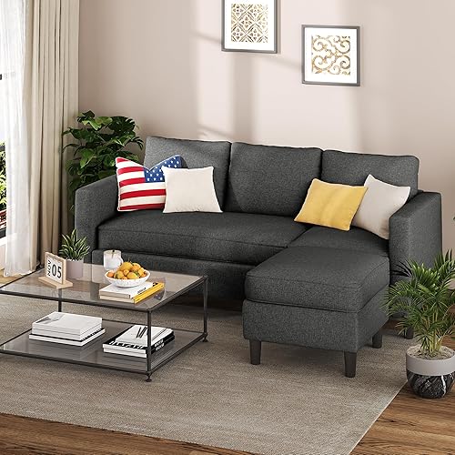 Shintenchi Small Sectional Couch Sofas, 3 Seat L Shape Sofa with Ottoman, Fabric Upholstered Convertible Sofa Couches, Small Couch for Apartments, Living Room and Office (Black)