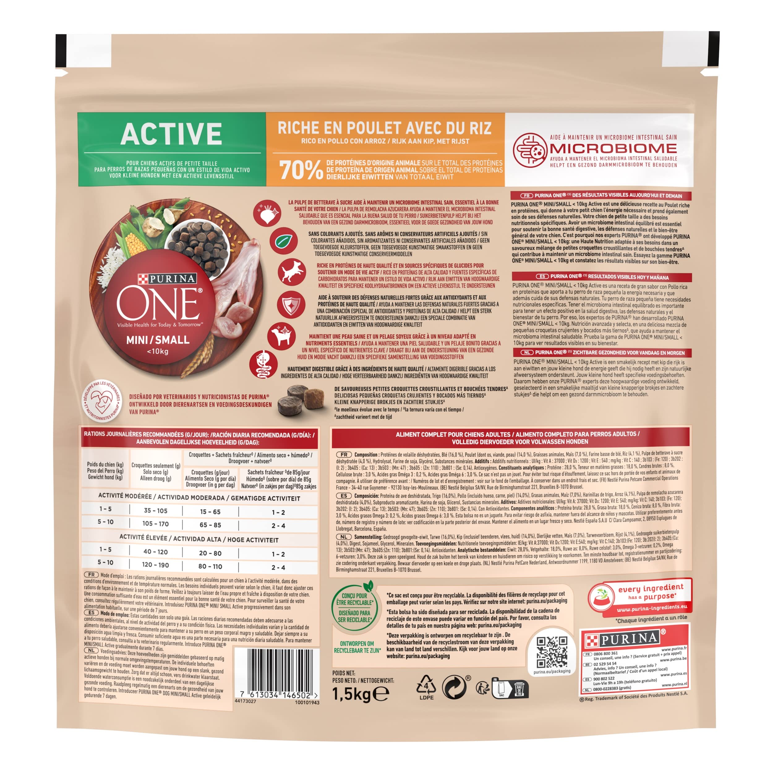PURINA ONE | MINI | ACTIVE | Croquettes pour Chien Adulte Actif de petite taille, <10 Kg | Protéines de haute qualité pour aider à soutenir des muscles forts | Au Poulet | Sac | Lot de 6 x 1,5 Kg