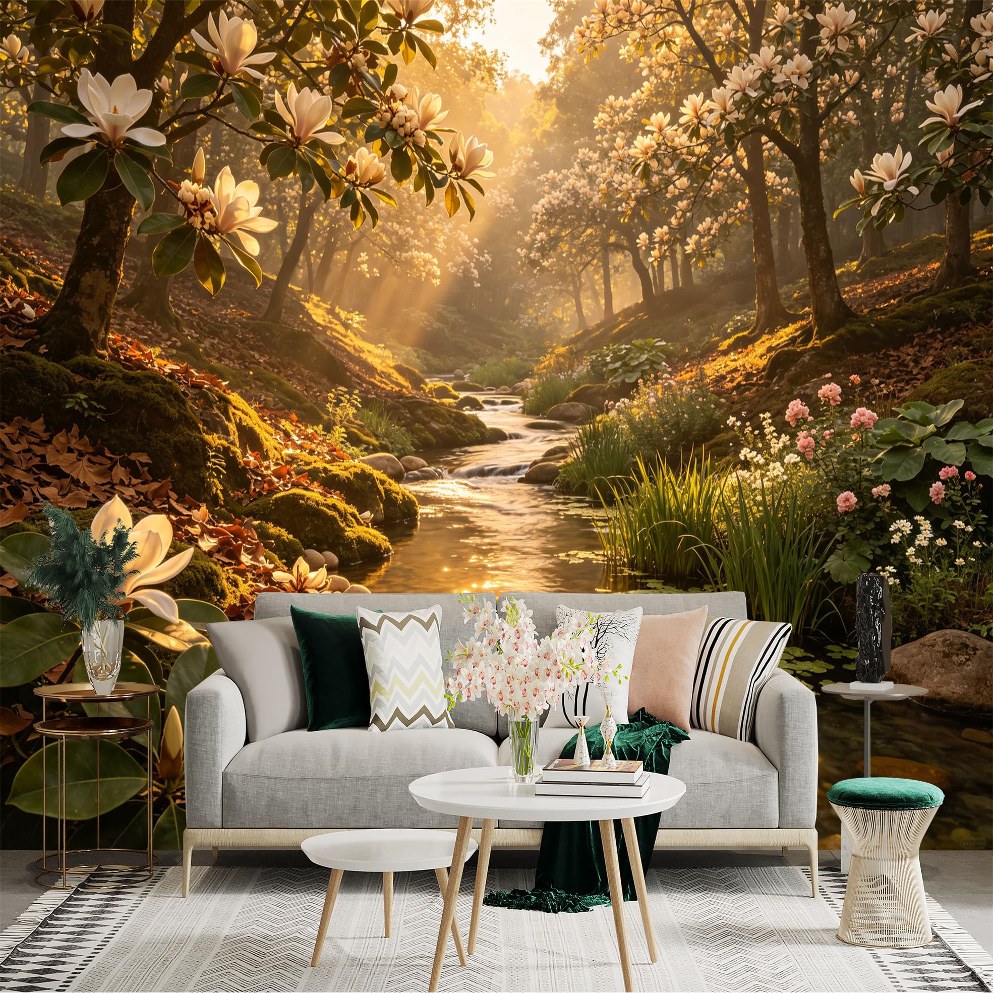 Lnzczhyre Bh260719727 Custom Size Wall Sticker Mural， Magnolia Forest， Sunlit Creek， Peaceful Nature Landscape， Serene Woodland， For Wall Decoration， Peelandstick Wall Decals.