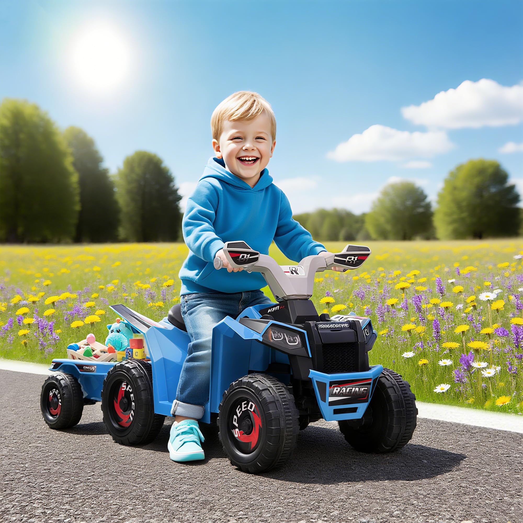 HOMCOM Quad Eléctrico para Niños con Remolque a Batería 6V, Quad para Niños de 18-36 Meses con Velocidad 2,5 km/h, 6 Ruedas y Manillar Antideslizante, 106x41,5x48,5 cm, Azul
