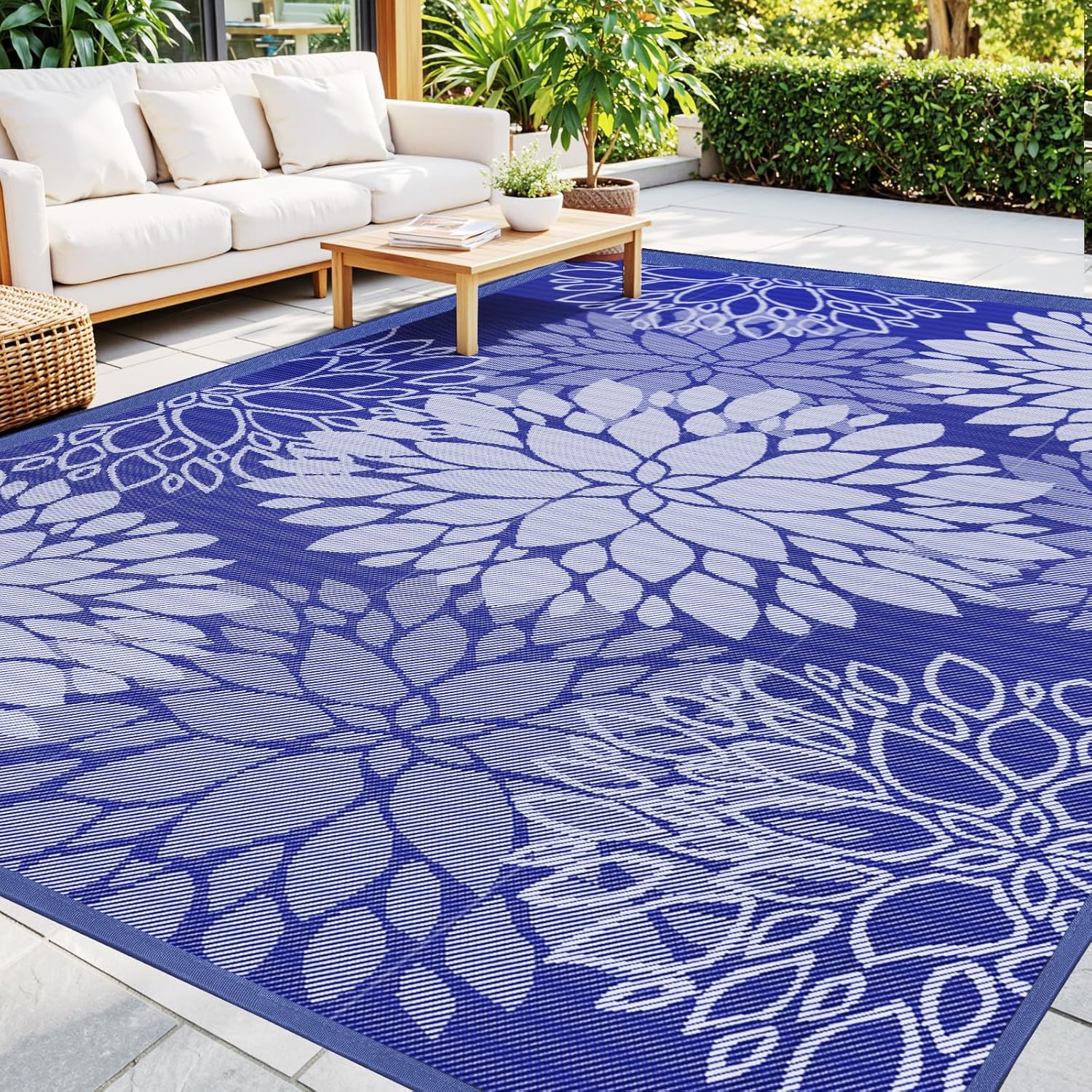 Mattitude Outdoor Rug 8' x 10' Waterproof, Reversible Portable Plastic Straw Area Rugs, Patio Carpet for RV Camping, Porch, Deck, Backyard, Camper, Pool, Picnic, Blue & White