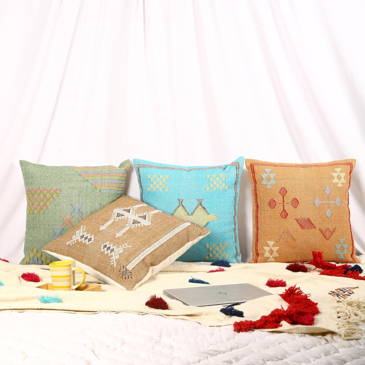 Trade Star Set of 4 Handloomed Pillow Covers 100% Authentic Pure Cotton Cushion Case Set Handwoven Pillowcase Throw Pillow Cover Premium Cushion Cover (Sabra 5)