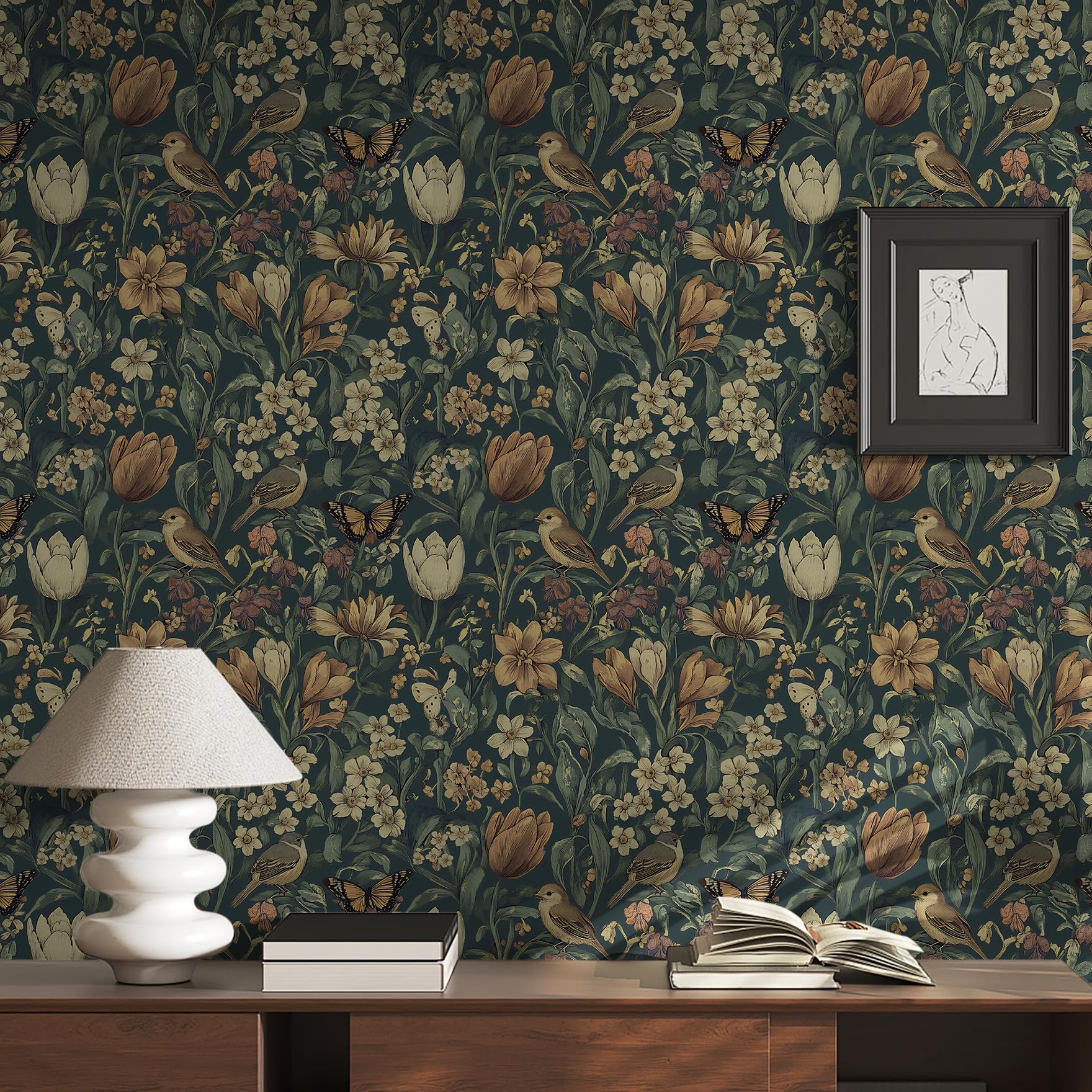 Yasinet 17.3"×118" Green Peel and Stick Wallpaper Vintage Floral Wallpaper Dark Green Contact Paper Boho Floral Removable self Adhesive Wall Paper for