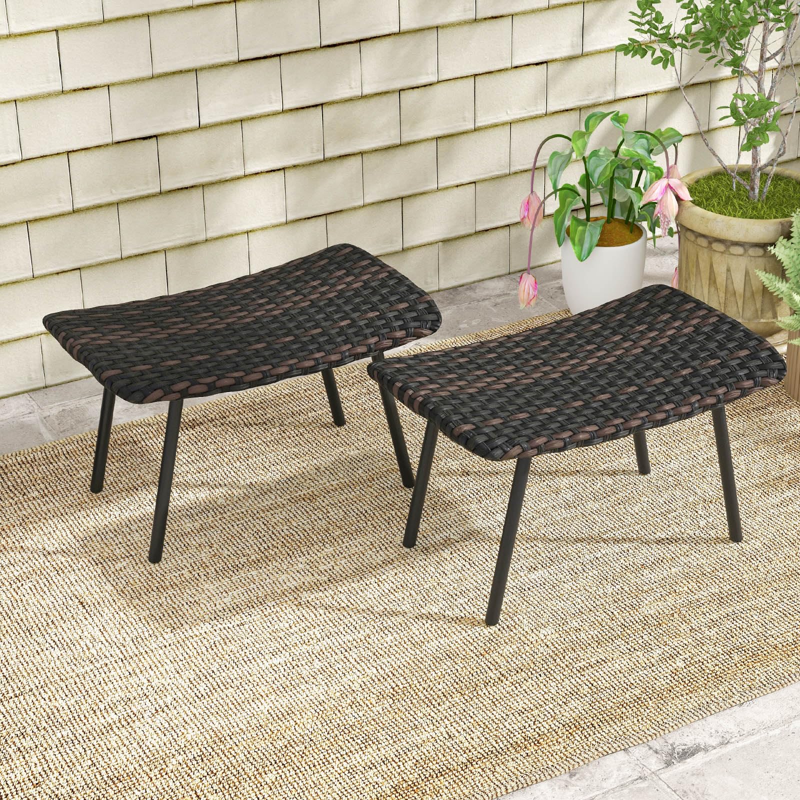 LIFEZEAL Lot 2 Tabourets de Jardin en Rotin PE, Repose Pied pour Salon de Terrasse, Pouf Rembourré en Mousse à Séchage Rapide, Cadre en Métal, Charge 150 kg, Ottomane Extérieur 69x41x38 cm