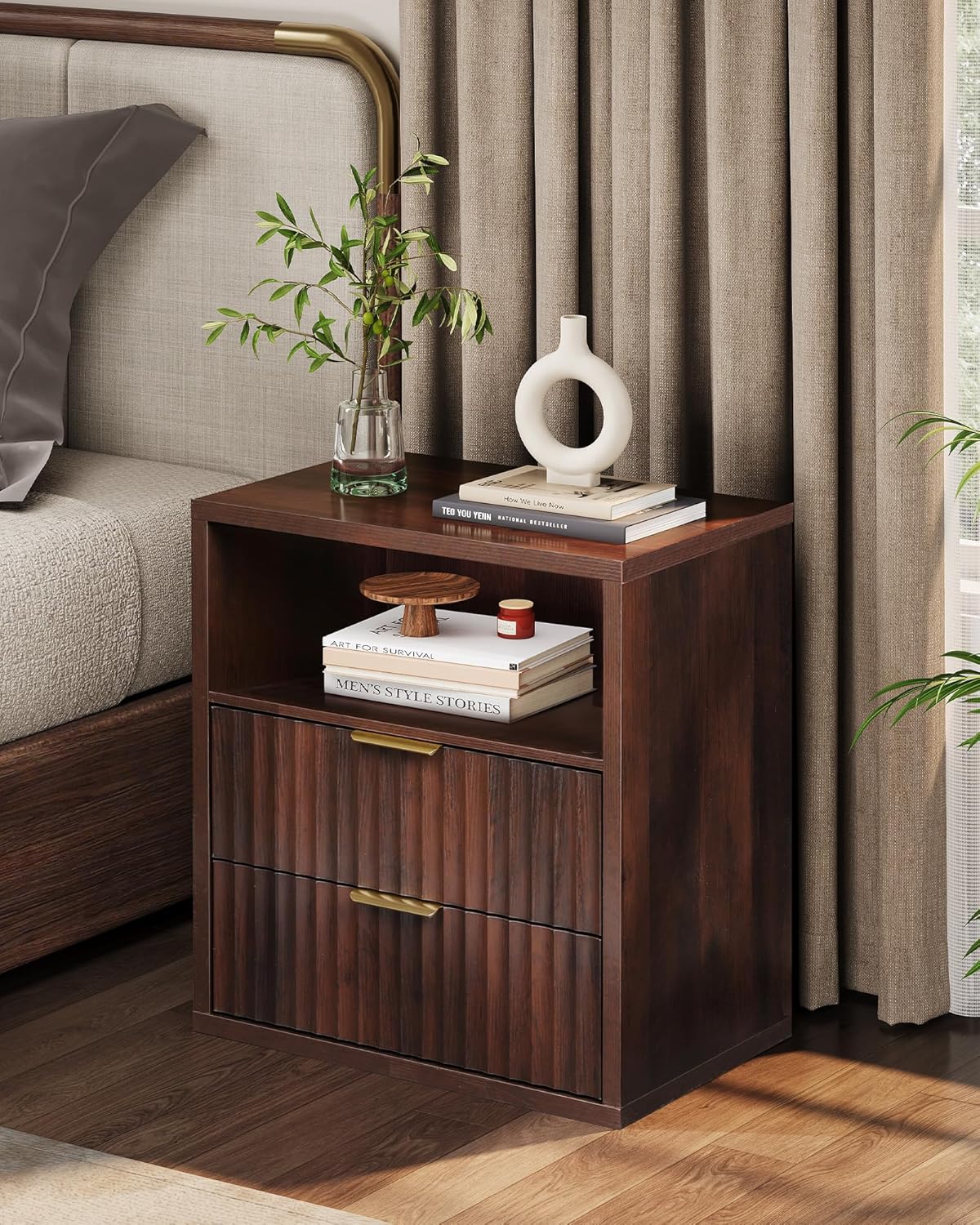 WLIVE Fluted Night Stand Set 2, Wood Nightstands Sets of 2 with Storage Drawers and Open Shelf, Mid Century Modern Bed Side Tables for Bedroom, Dorm, Espresso