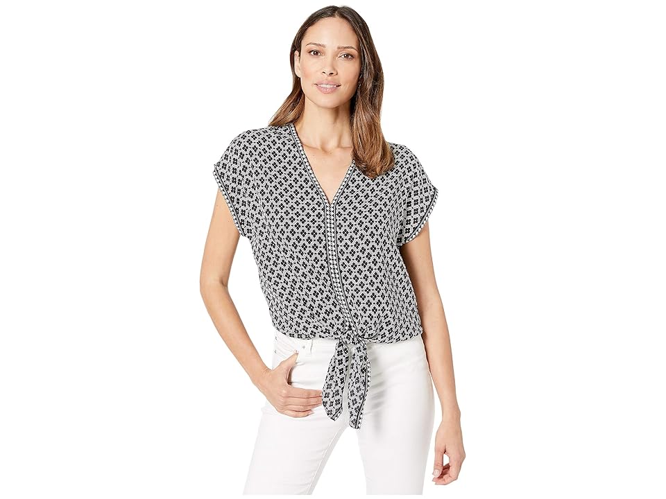 

MAXSTUDIO V-Neck Top with Self Tie (Black/Ivory Hawaii Ditsy Silhouette) Women's Blouse