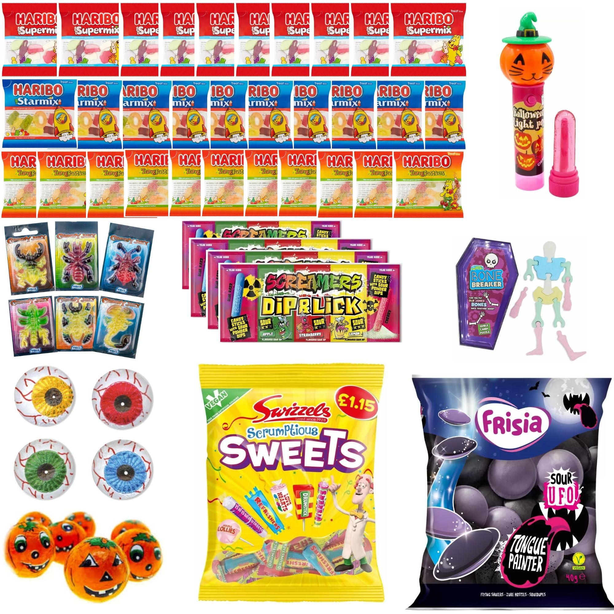 Spooky Halloween Sweets Assortment: 46-Piece Trick or Treat Set with Chocolate Eyeballs, Pumpkin Lollipops, and Scrumptious Sweets Bag