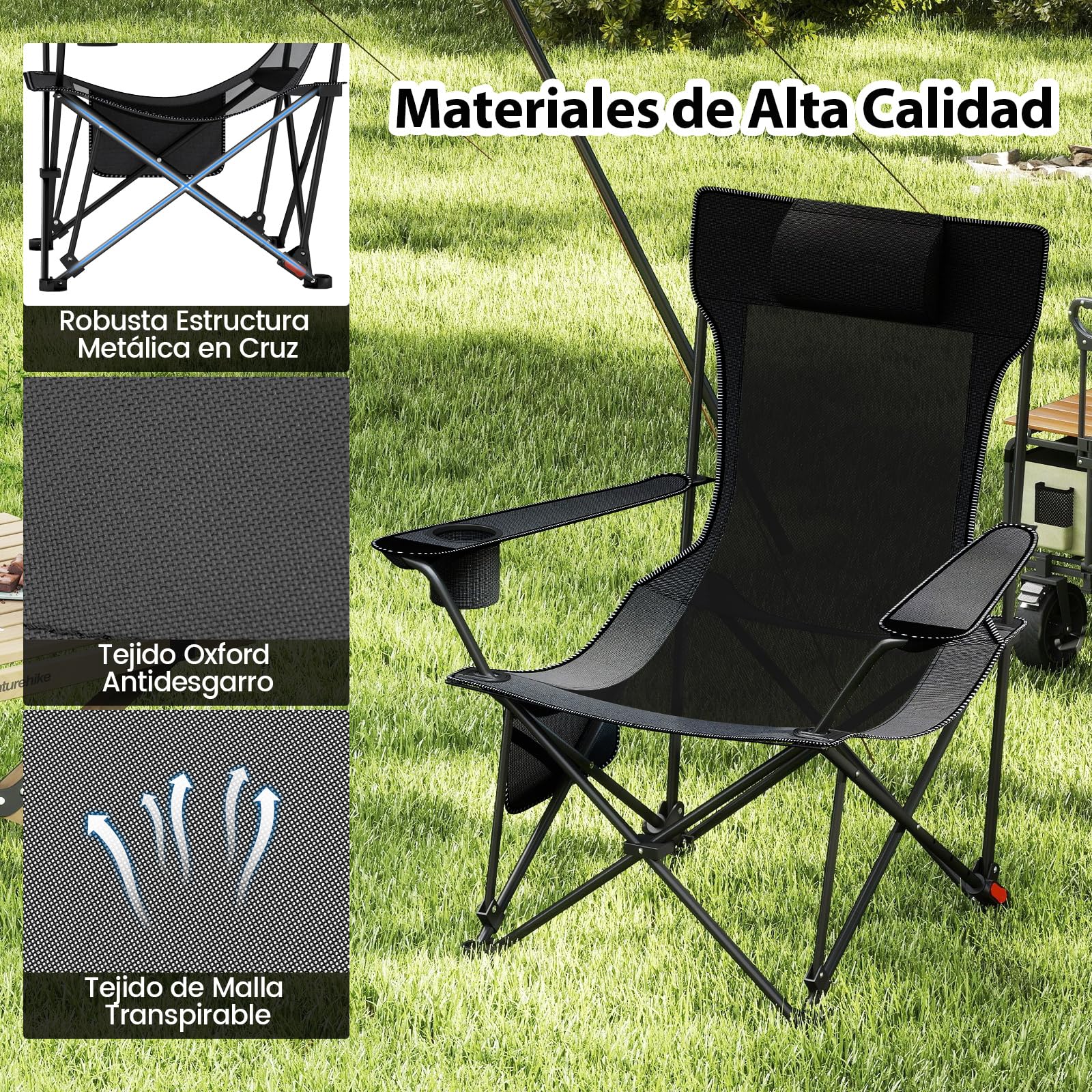 COSTWAY Silla Plegable Camping con Reposapiés Extraíble, Tumbona Reclinable con Respaldo Ajustable de 4 Niveles, Reposacabezas, Portavasos, Bolsa de Transporte, Jardin Playa Piscina (Gris)