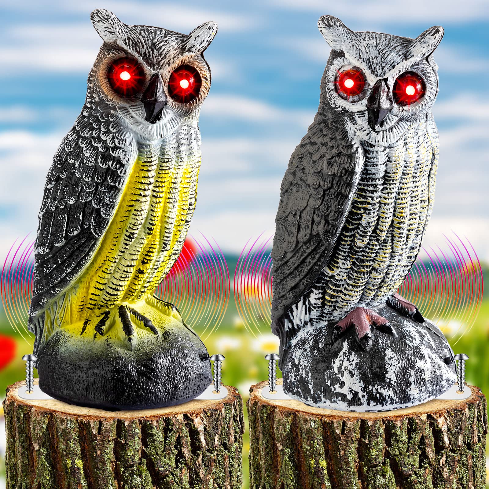 Qualirey Solar Fake Owl Decoy to Scare Birds Away with Red Flashing Eyes and Frightening Sound Plastic Battery Operated Owl Scarecrow for Garden Yard(Gray, Yellow, 2 Pcs)