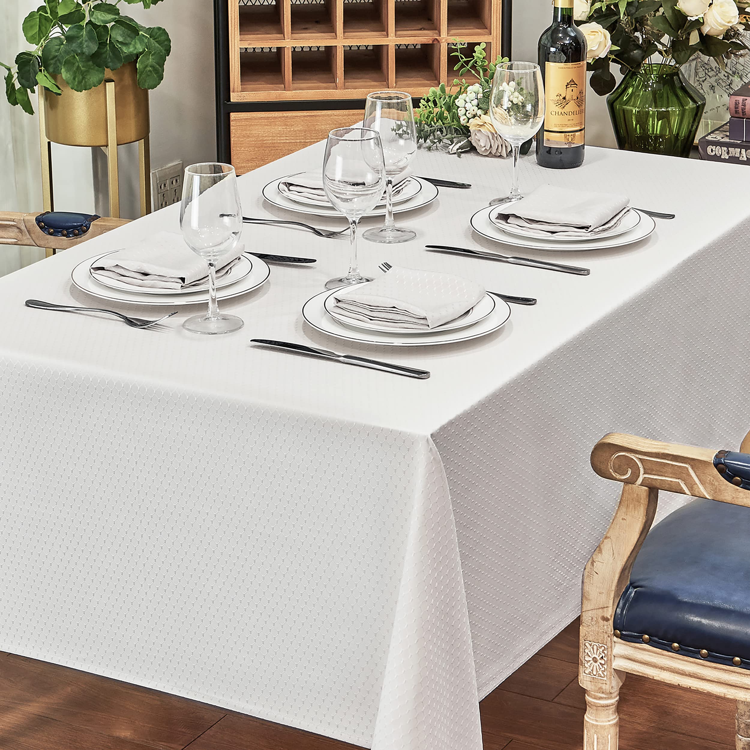 Tovaglia rettangolare in lino, antimacchia, impermeabile, lavabile, in poliestere, per cucina, sala da pranzo, cena (avorio, 152 x 360 cm)