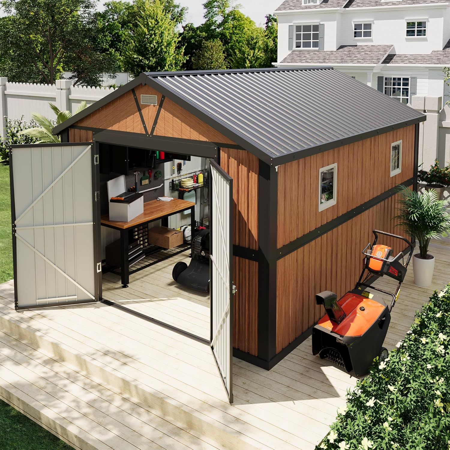10x12 FT Metal Storage Shed, Outdoor Garden Shed with Floor, Lockable Doors & Windows, Extra Large Tool Shed for Backyard, Patio, Lawn